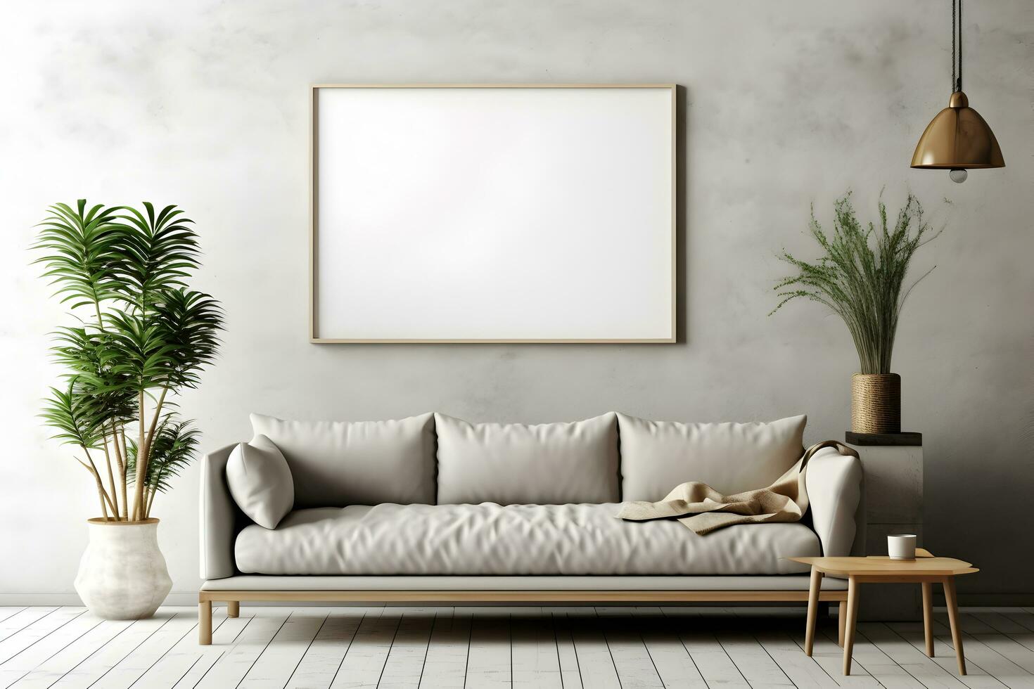 Rectangular frame poster mockup, on light concrete wall in living interior with modern boho furniture and big window, century gray sofa, scandinavian style interior decoration. Generated AI. photo