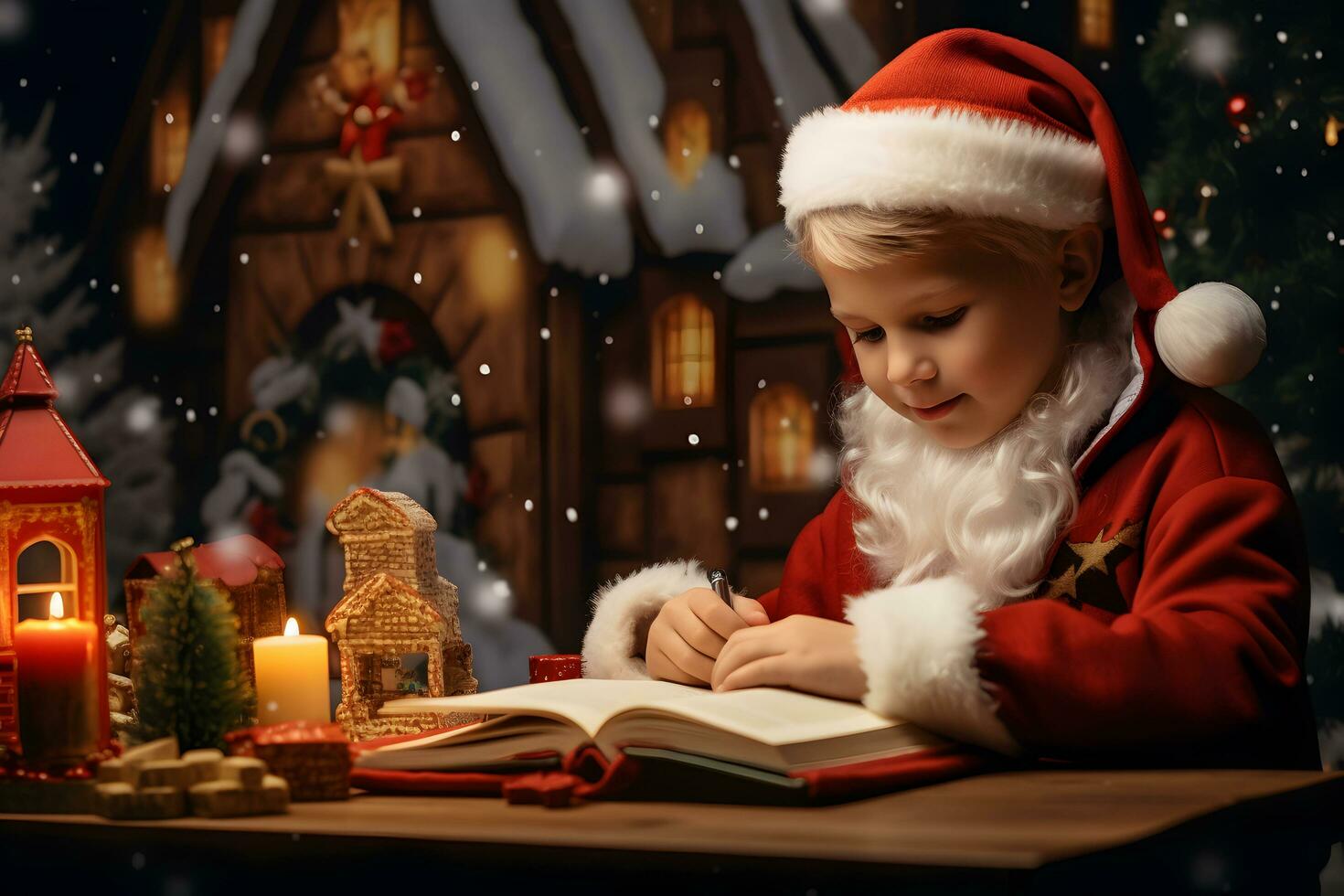 un pequeño chico escritura un letra a Papa Noel noel Navidad deseos a acogedor hogar interior. foto