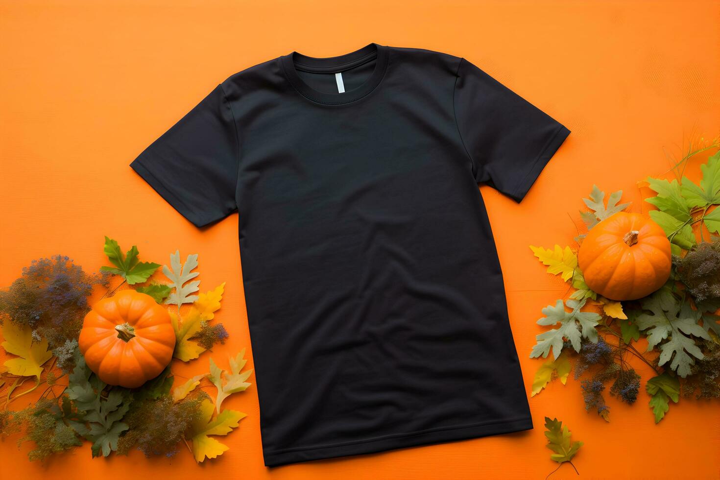 Black womens t-shirt halloween mockup with pumpkins and leaves on orange background. Design t shirt template, print presentation mock up. Top view flat lay. Generated AI. photo