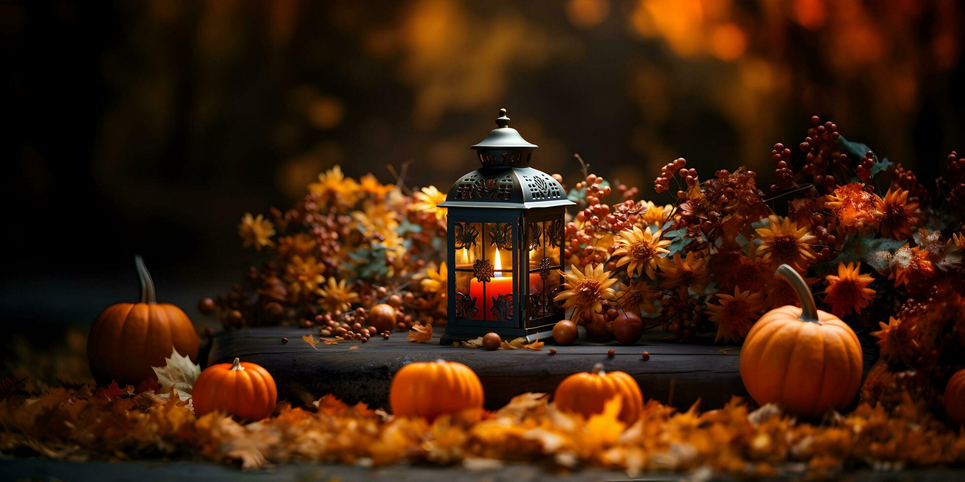 Festive autumn lantern decoration with pumpkins, flowers and fall leaves. Thanksgiving day or Halloween banner concept. photo