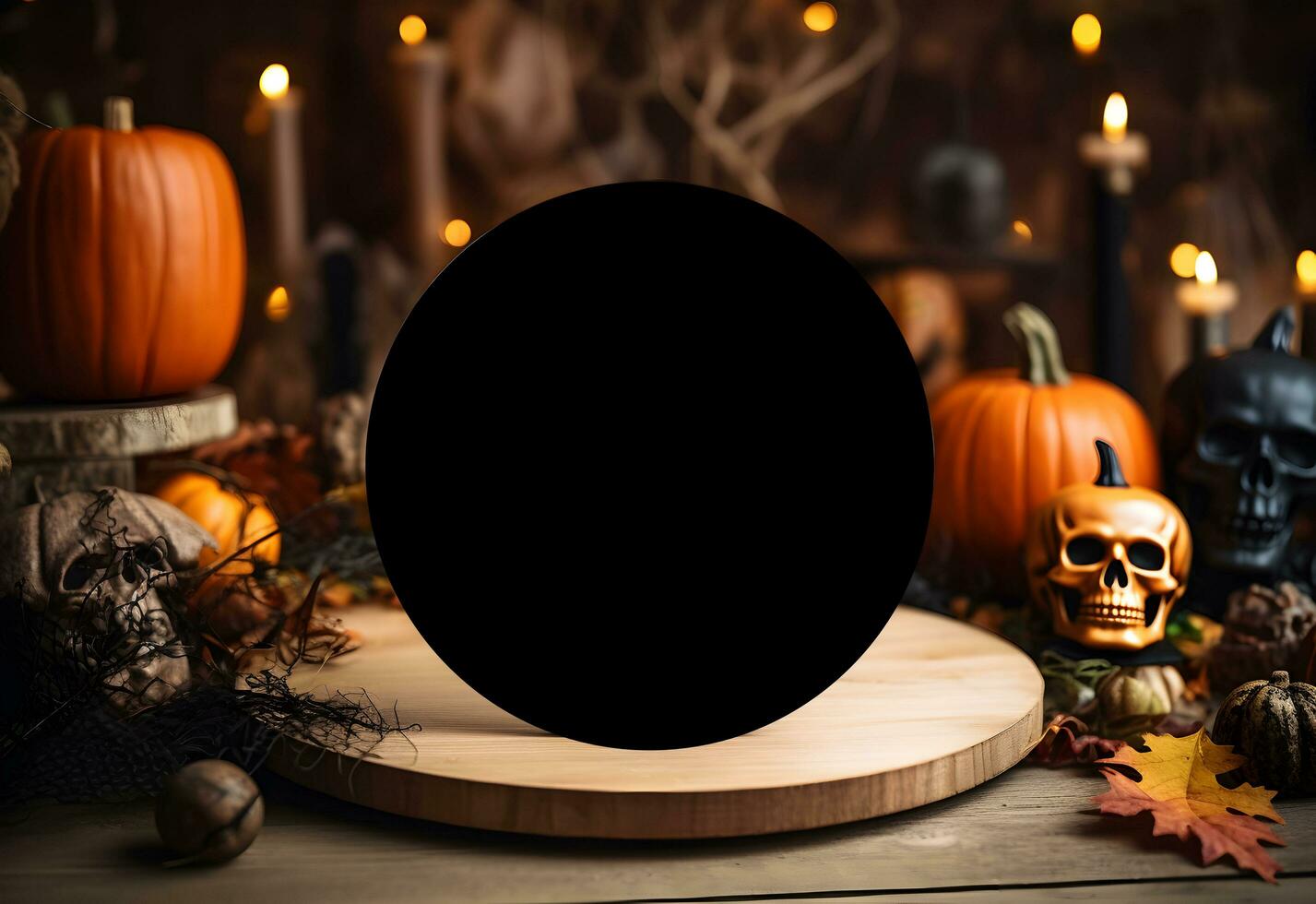 Halloween round sign mockup with pumpkins, skulls, candles and fallen leaves on dark background. Black board with autumn holiday decoration with copy space. Generated AI. photo