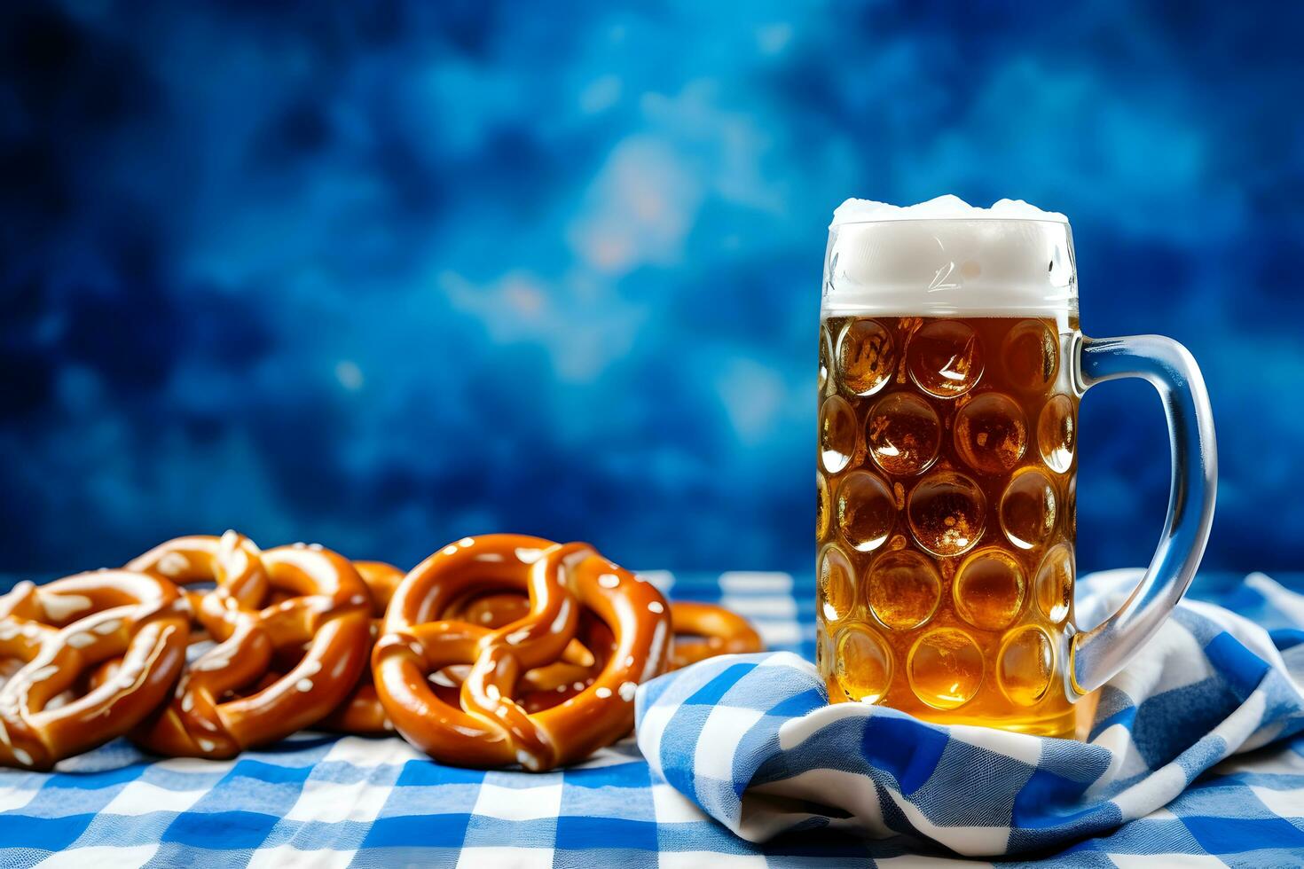 Oktoberfest beer mugs and pretzels on a wooden table with traditional towel at blue background. Copy space. photo