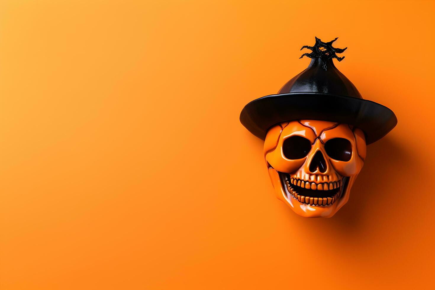 Happy halloween flat lay mockup with skull in a hat on orange background. Fall holiday concept composition. Top view with copy space. Generated AI. photo