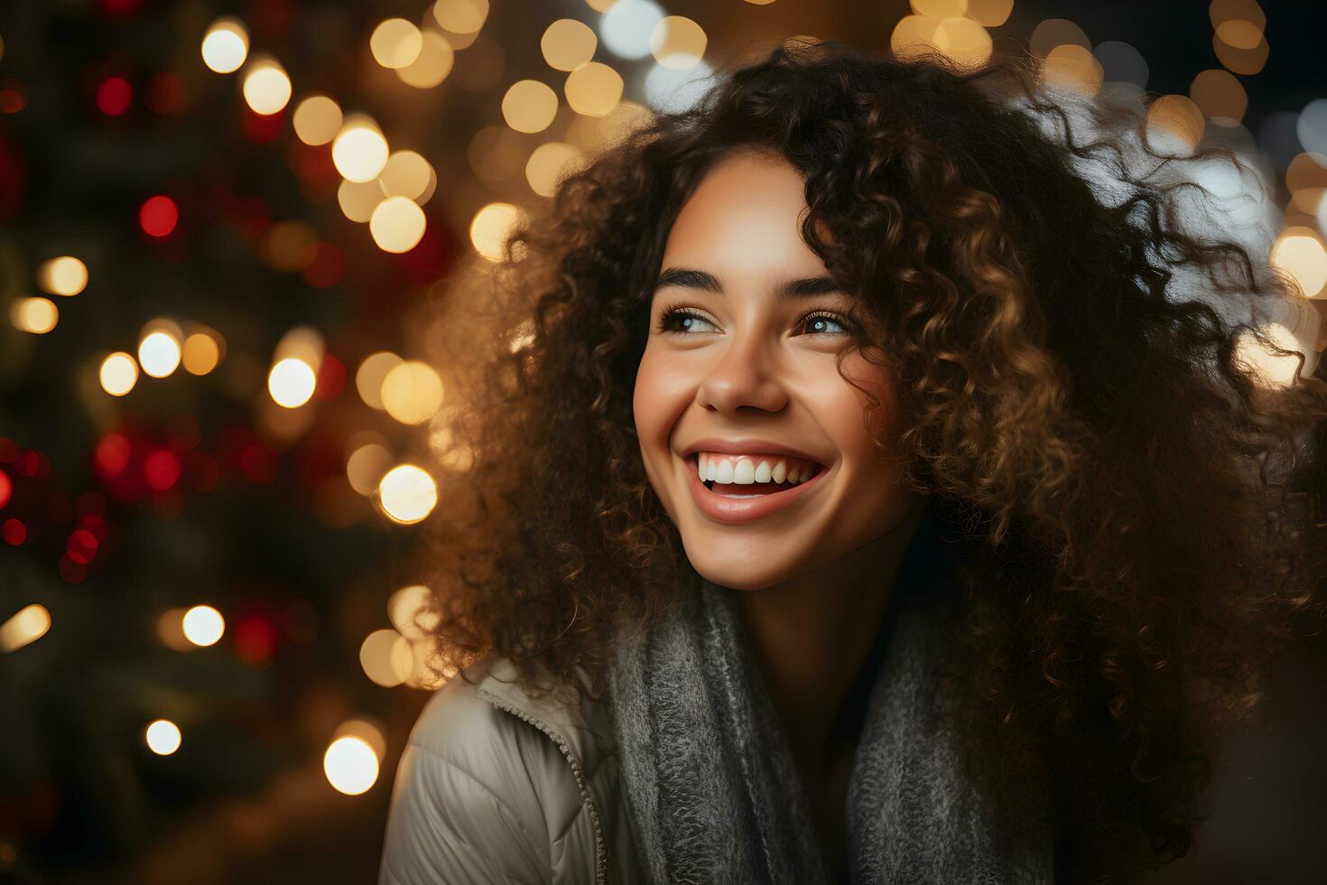 joven mujer en Navidad mercado con invierno clima, disfruta fiesta clima. foto