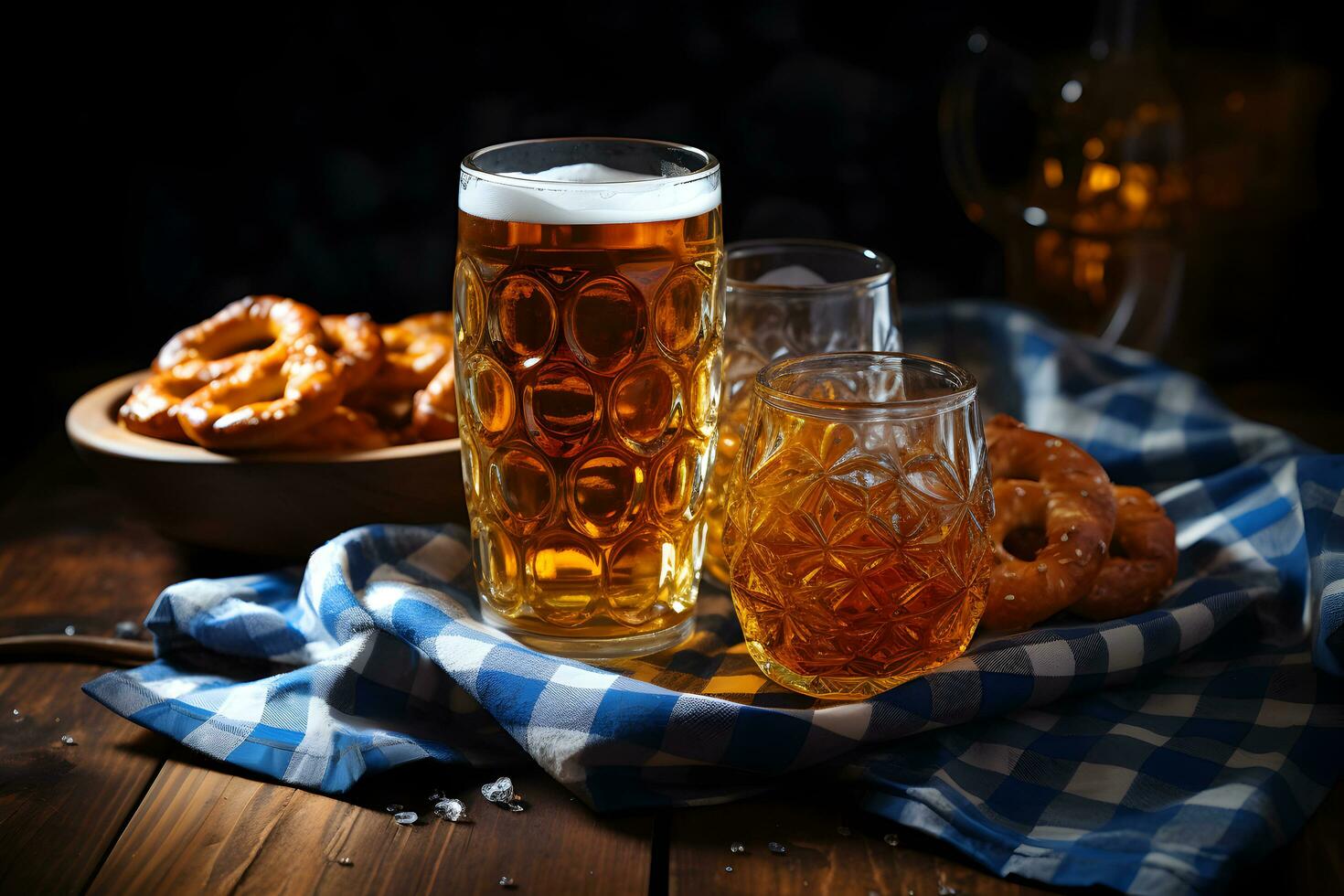 Oktoberfest beer mugs and pretzels on a wooden table with traditional towel. photo