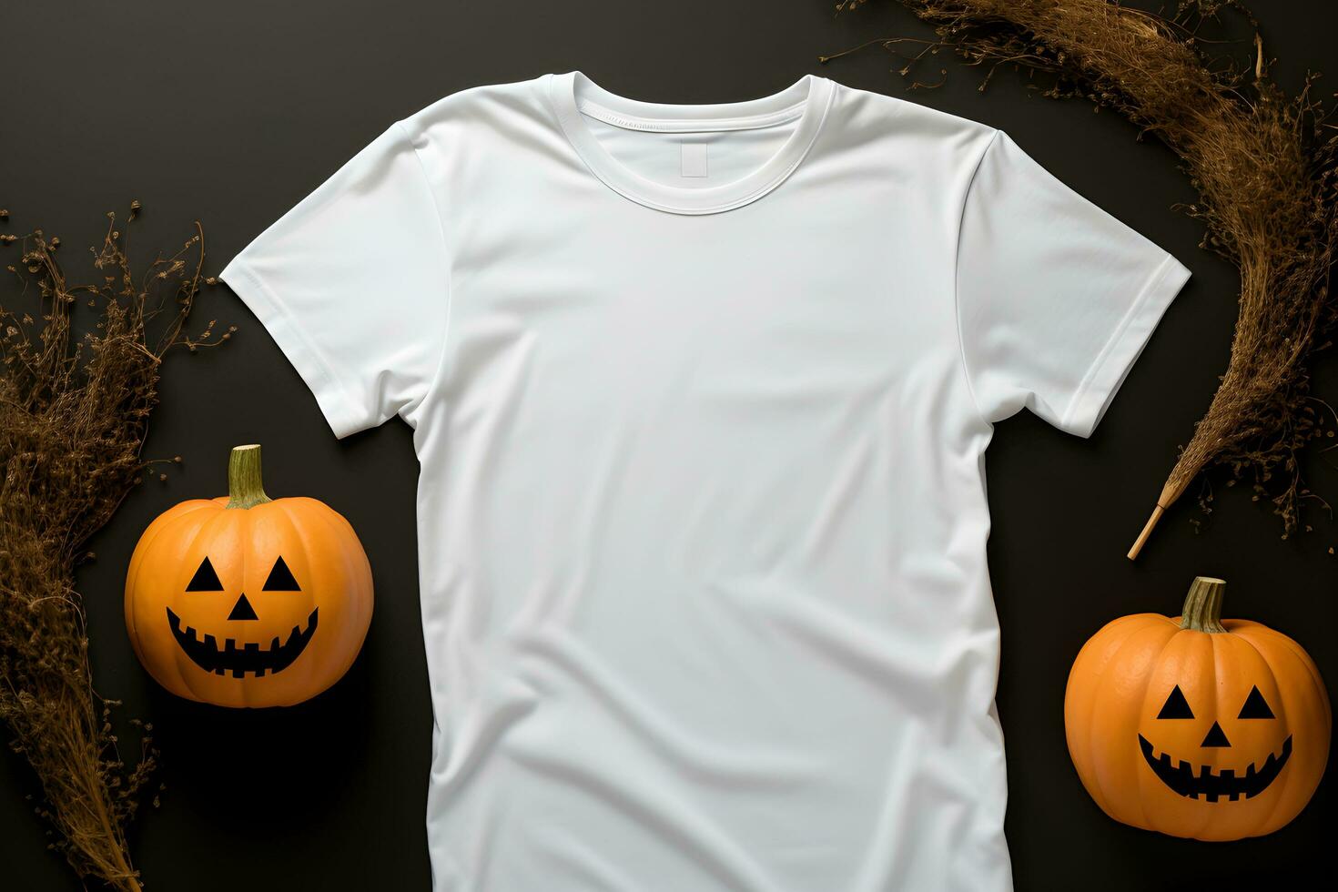 White womens t-shirt halloween mockup with pumpkins and leaves on dark background. Design t shirt template, print presentation mock up. Top view flat lay. Generated AI. photo