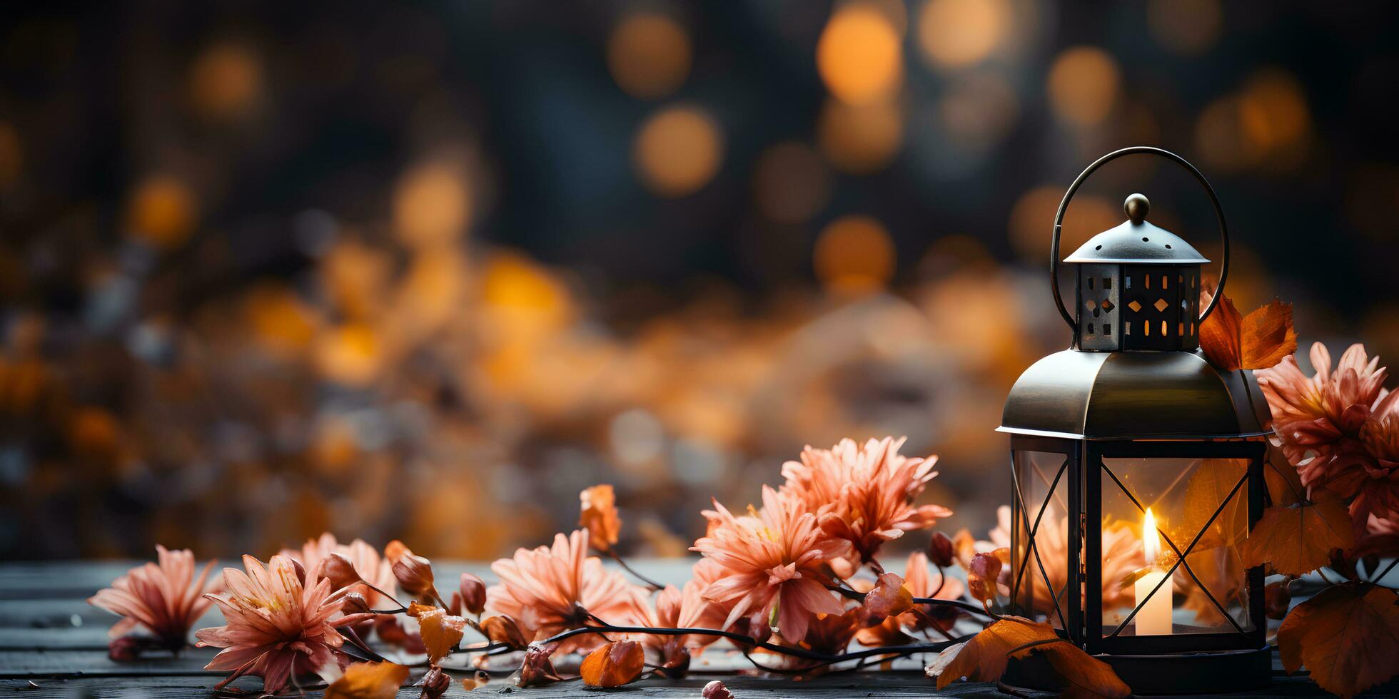 Festive autumn lantern decoration with flowers and fall leaves. Thanksgiving day or Halloween banner concept. photo