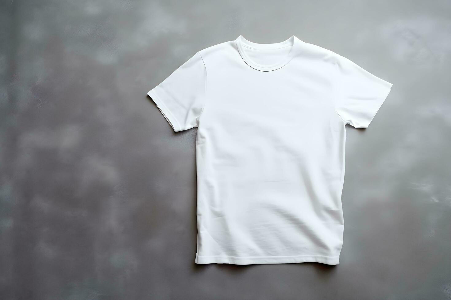 White women t-shirt mockup on dark concrete background. Design t shirt template, print presentation mock up. Top view flat lay. AI generated. photo