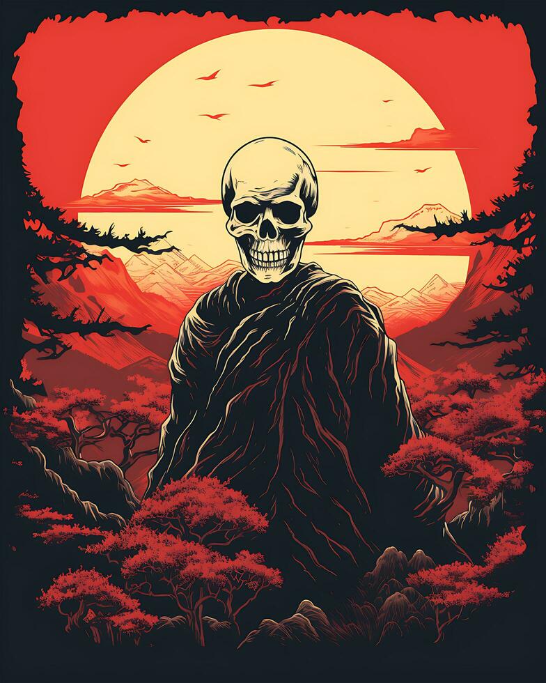 Víspera de Todos los Santos esqueleto Clásico puesta de sol ilustración retro color 2d antecedentes foto