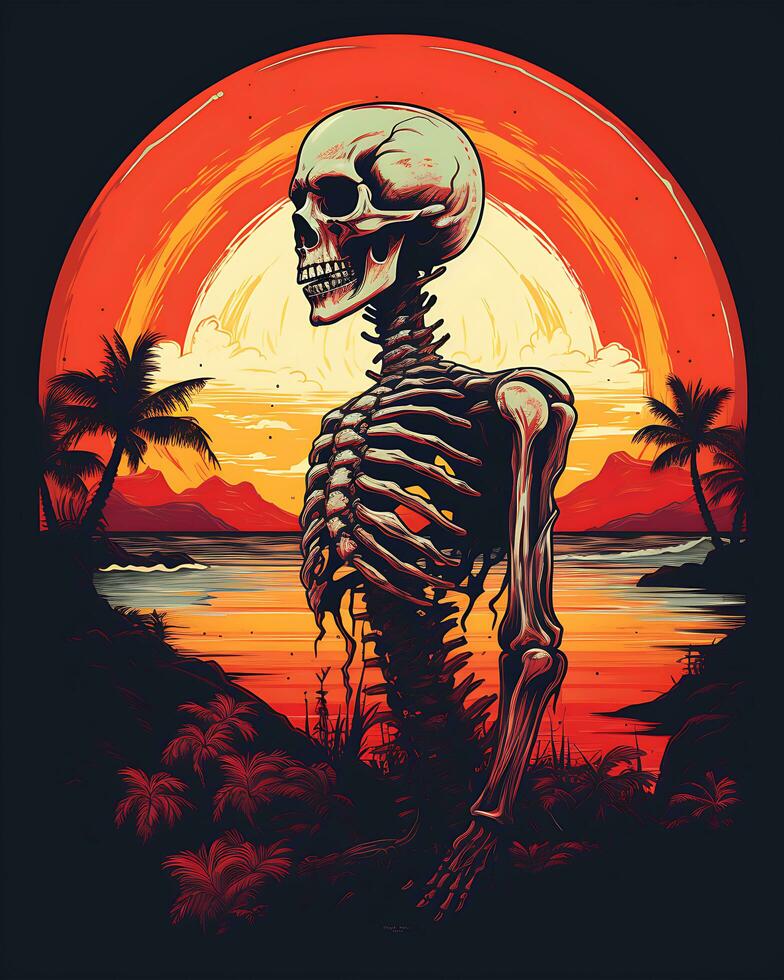 Halloween skeleton vintage sunset Illustration Retro color 2D Background photo