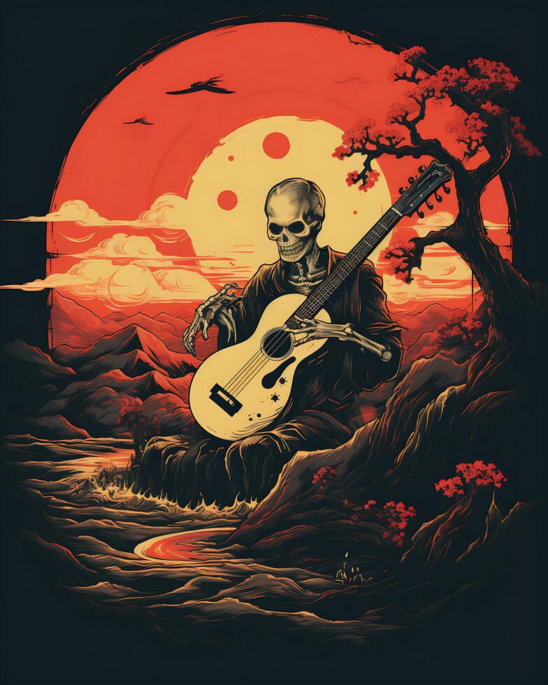 Víspera de Todos los Santos esqueleto Clásico puesta de sol ilustración retro color 2d antecedentes foto