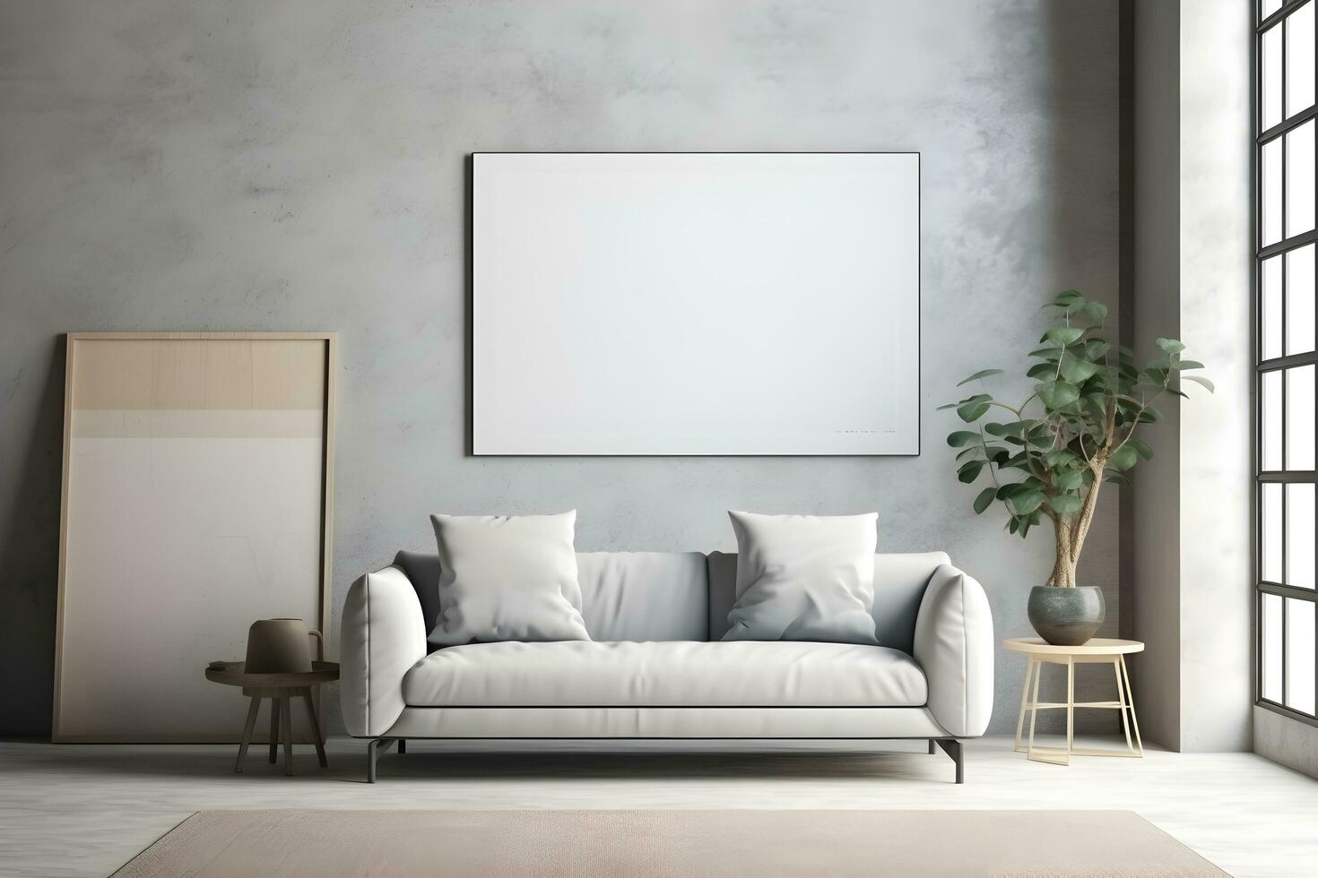 Rectangular frame poster mockup, on light concrete wall in living interior with modern boho furniture and big window, century gray sofa, scandinavian style interior decoration. Generated AI. photo