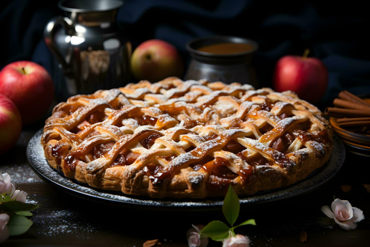 Traditional american apple pie with fresh apples fruits and cinnamon. Thanksgiving or halloween, autumn or fall dessert pastry. photo