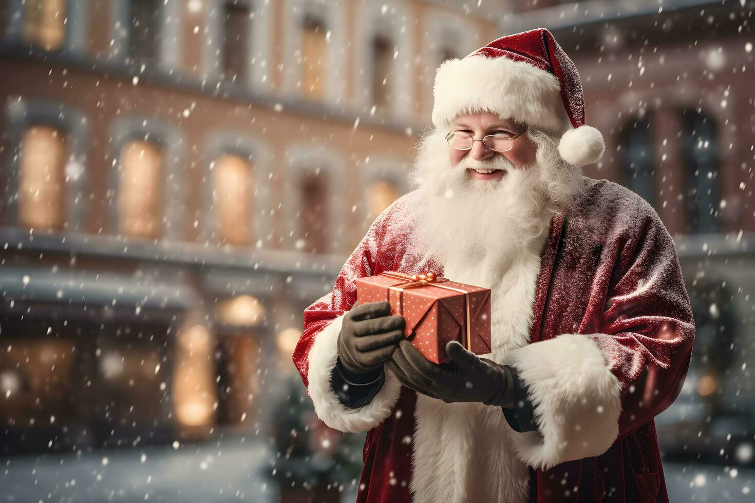 Happy Santa Claus outdoors in snowfall with christmas gift box in the hands. photo