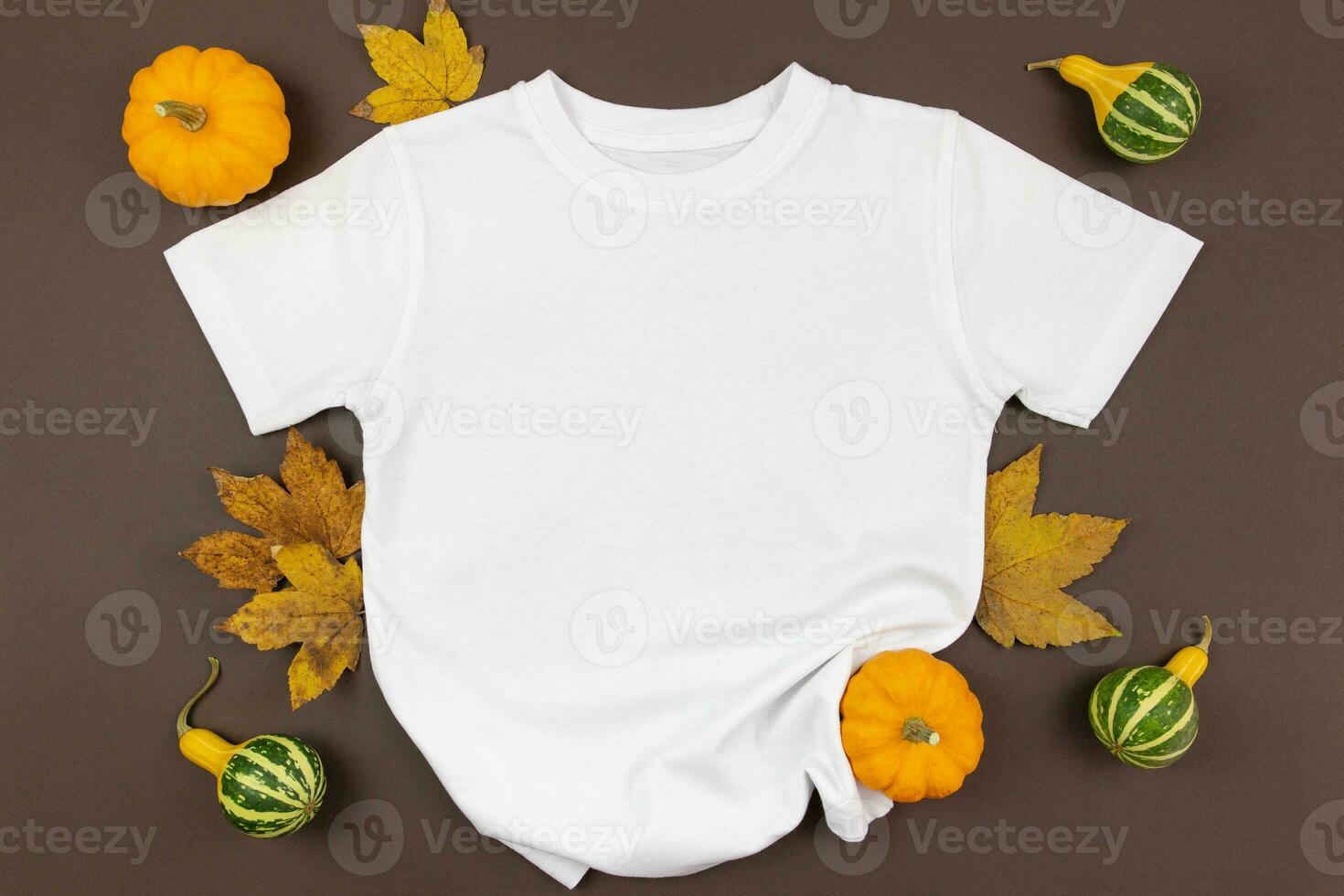 White man or women cotton t-shirt mockup with pumpkins and fallen leaves on dark background. Design t shirt template, print presentation mock up. Top view flat lay. photo