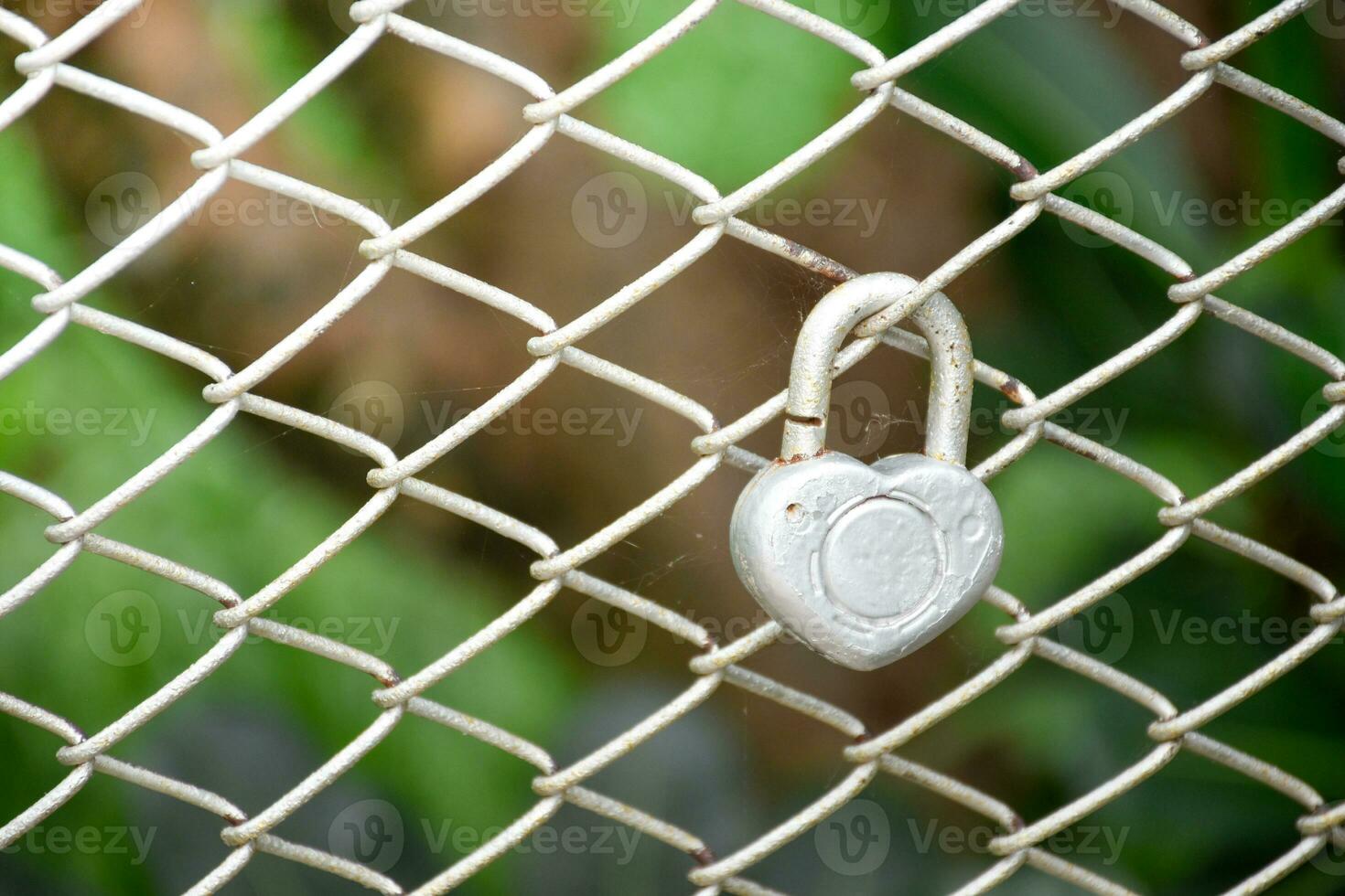 Heart shape keychain and wire metal fence net on the blurry forest background,two keychains are hanging. photo