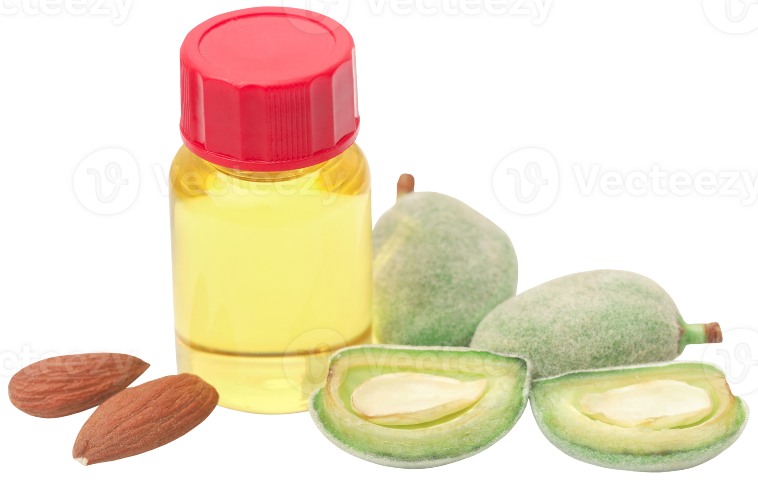 Green and peeled almond and essential oil png