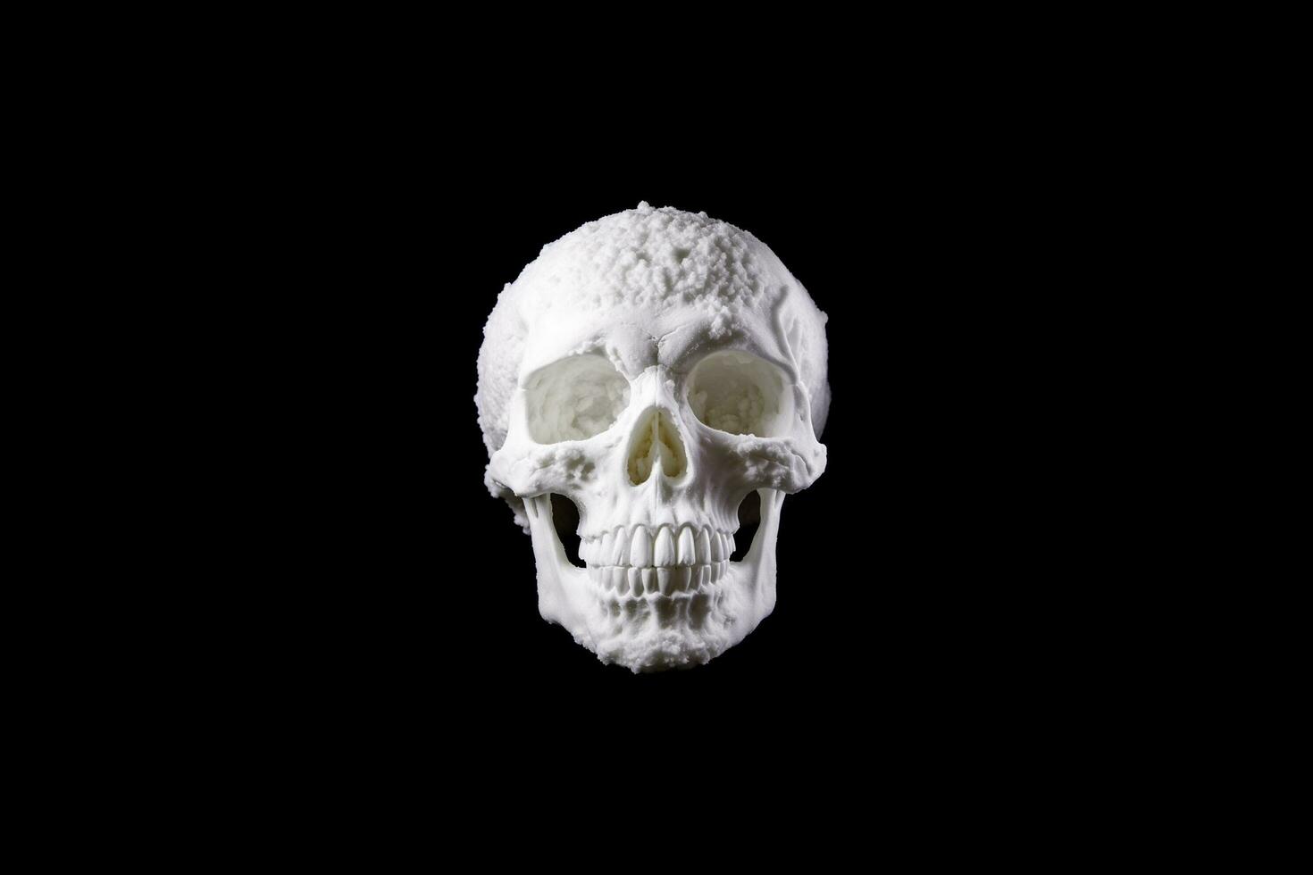 3D illustration of cocaine all over human skull isolated on black background photo