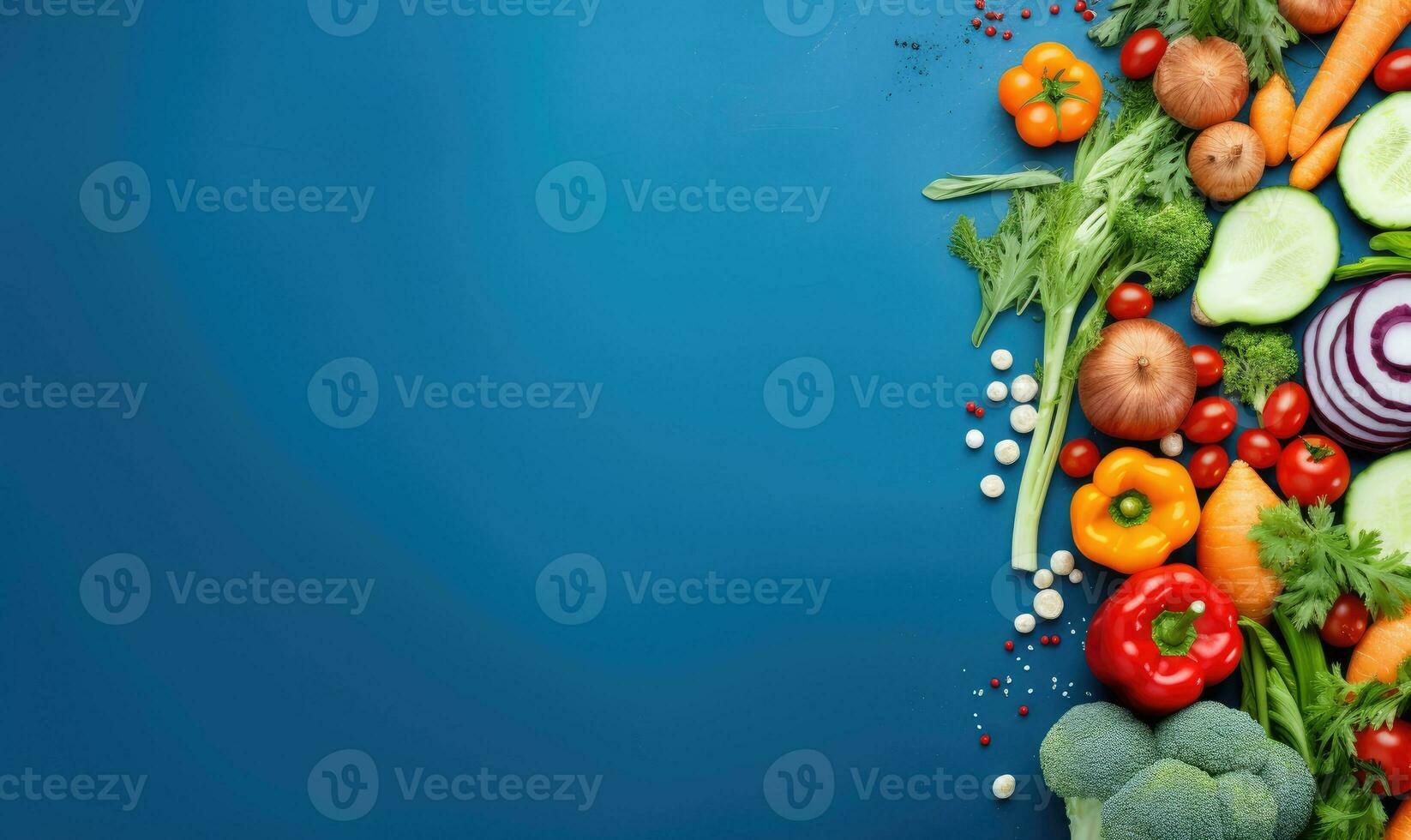 Top view vegetables on deep blue background. Vegetarian organic food banner. Created by AI tools photo