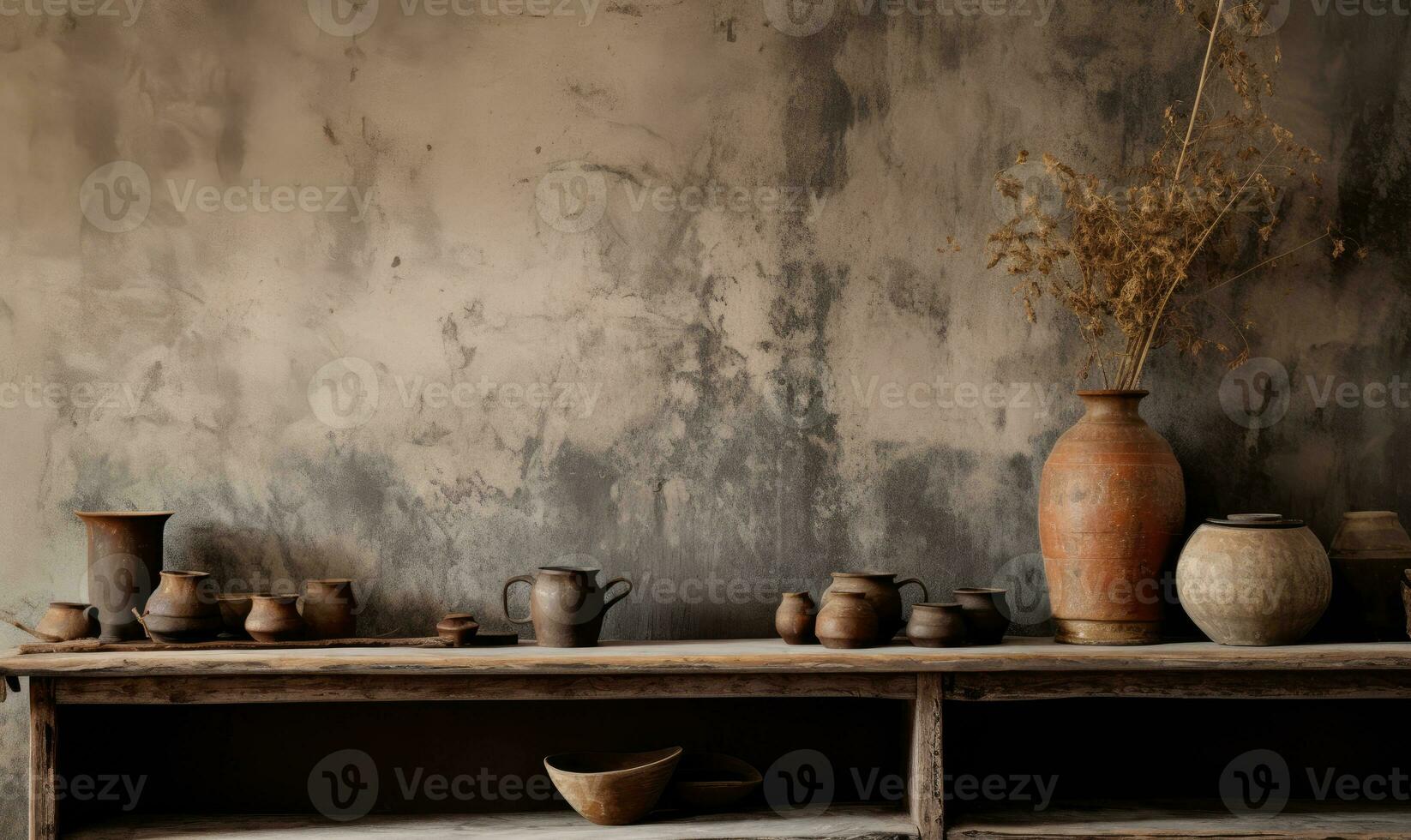 Wabi-sabi interior with vases on a shelf and table. Created by AI photo