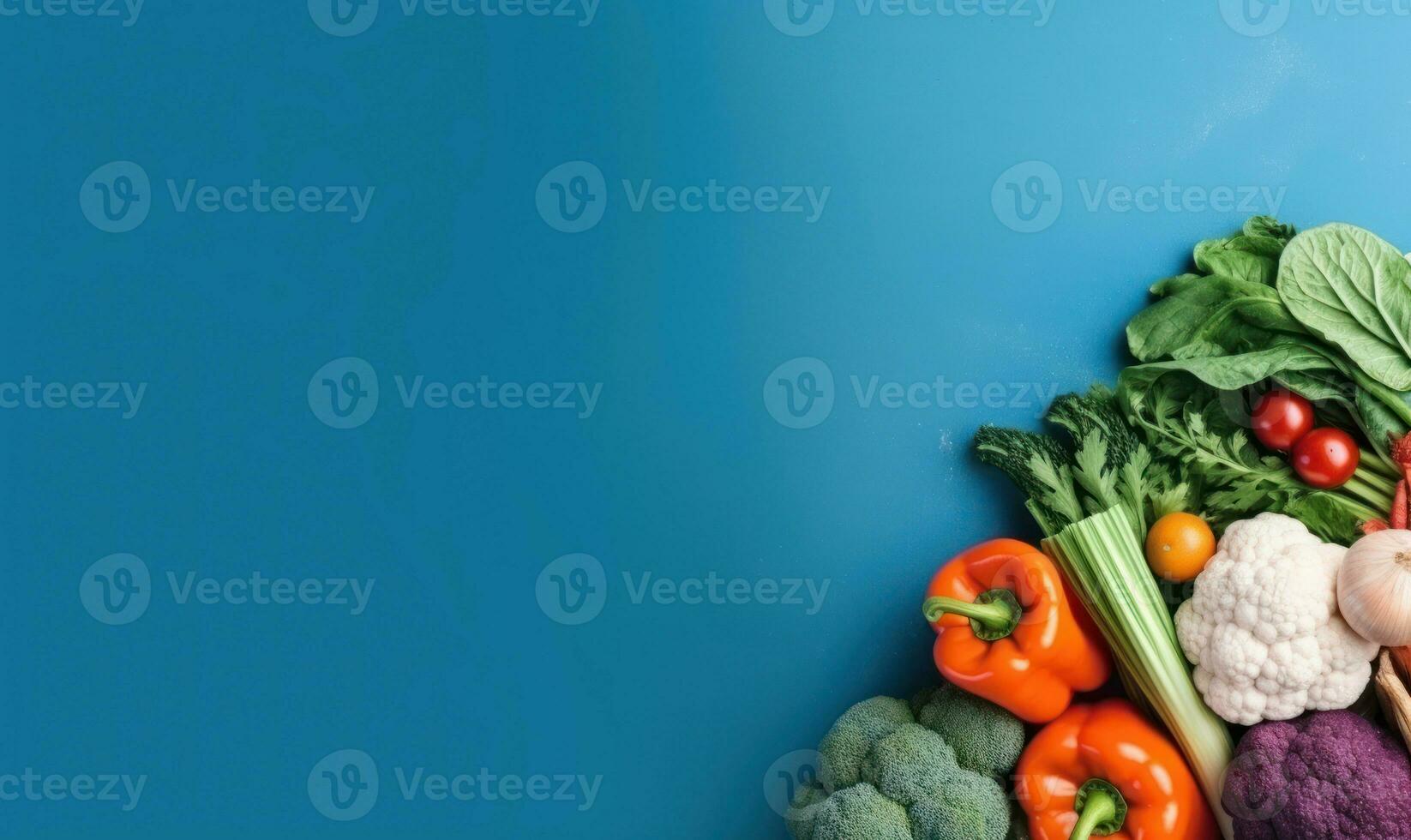 Top view vegetables on deep blue background. Vegetarian organic food banner. Created by AI tools photo