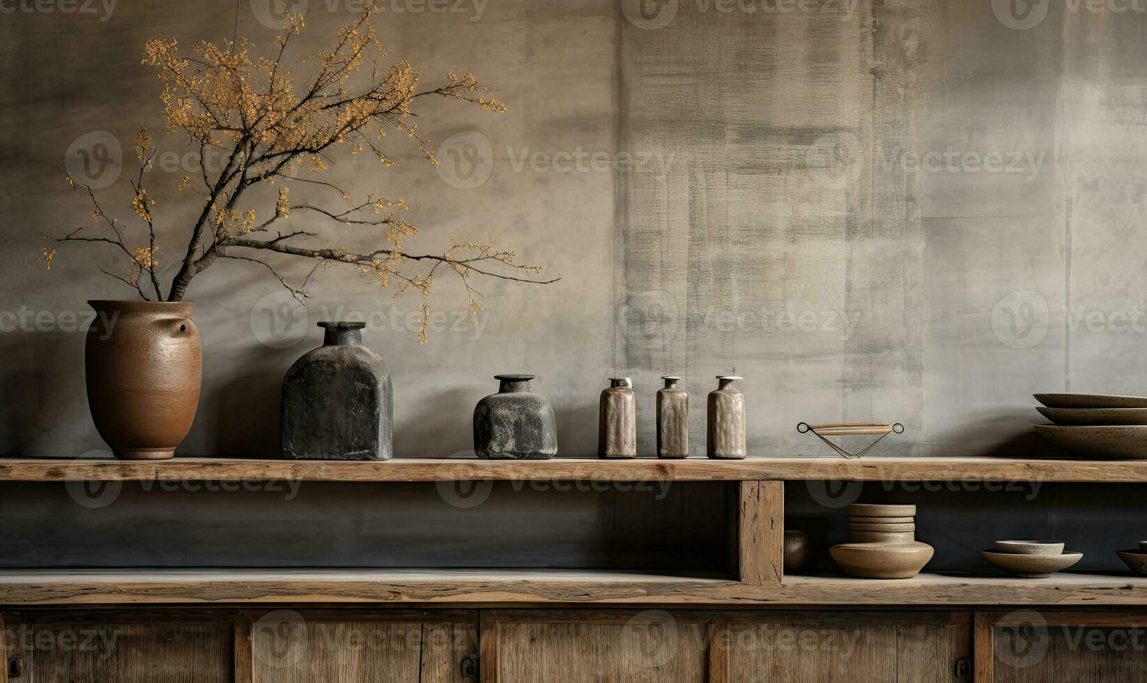 wabi-sabi interior con floreros en un estante y mesa, . creado por ai foto