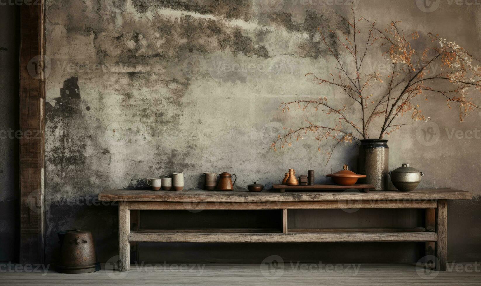 wabi-sabi interior con floreros en un estante y mesa, . creado por ai foto