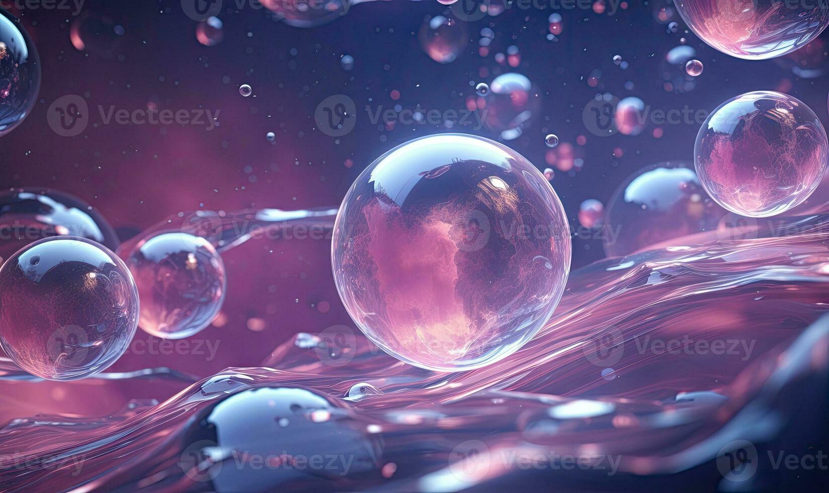 Ethereal scene of water bubbles in a dark backdrop. Created by AI photo
