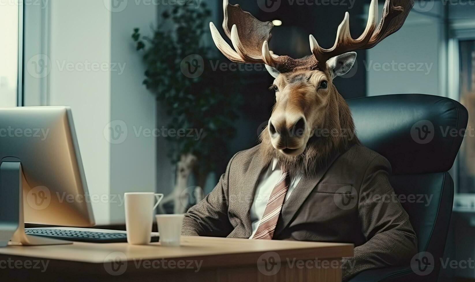 In a vibrant office, a man in a moose costume works confidently. Created by AI photo