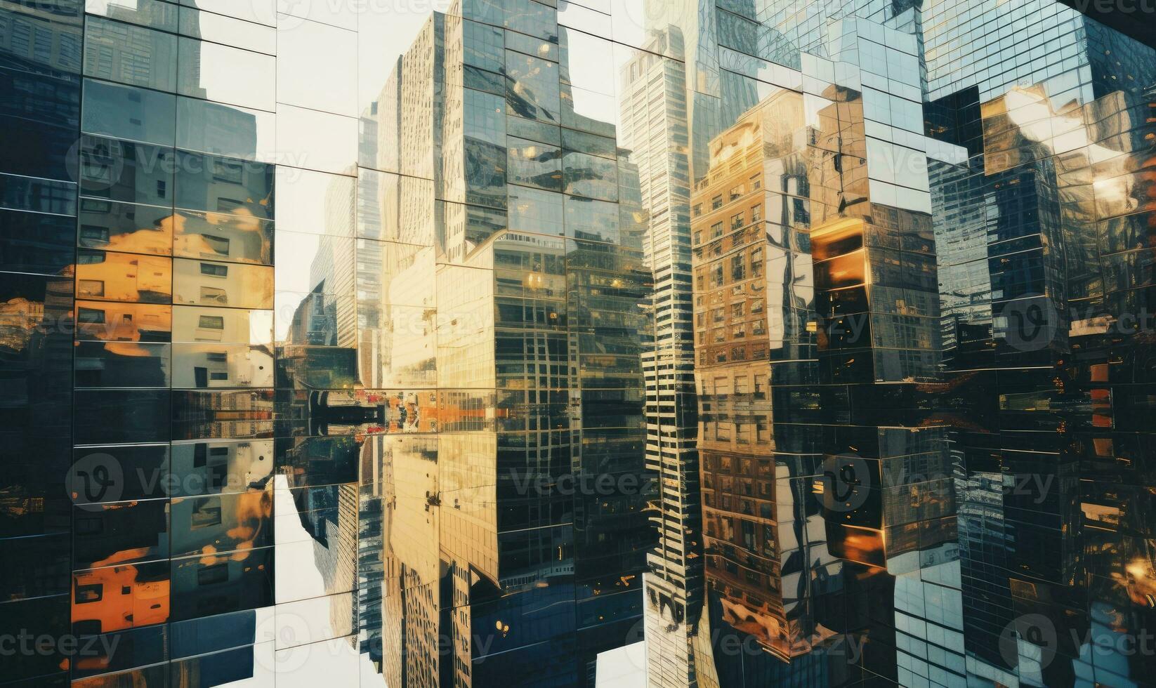 Surreal kaleidoscopic view of towering buildings. Created by AI photo