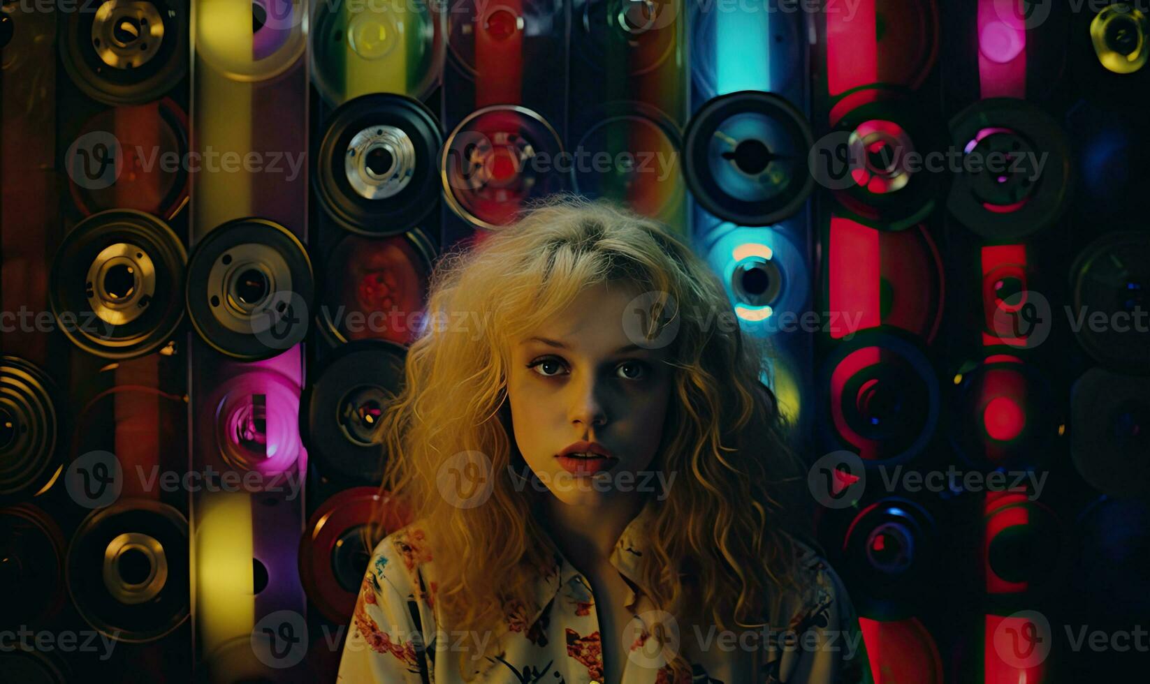 Girl is a movie fan with neon lights and colorful records backdrop. Created by AI photo