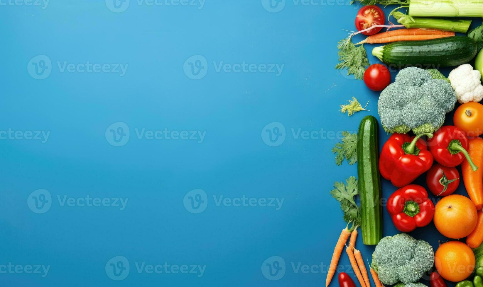 Top view vegetables on deep blue background. Vegetarian organic food banner. Created by AI tools photo