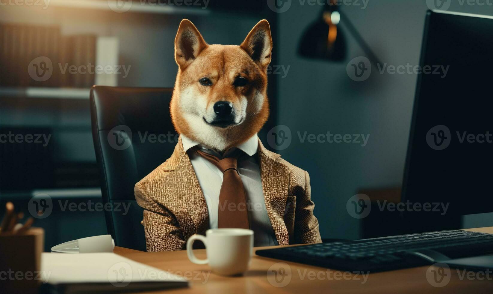 Shiba inu Dog in a businessman suit sits diligently at an office desk, exuding professionalism. Created by AI photo