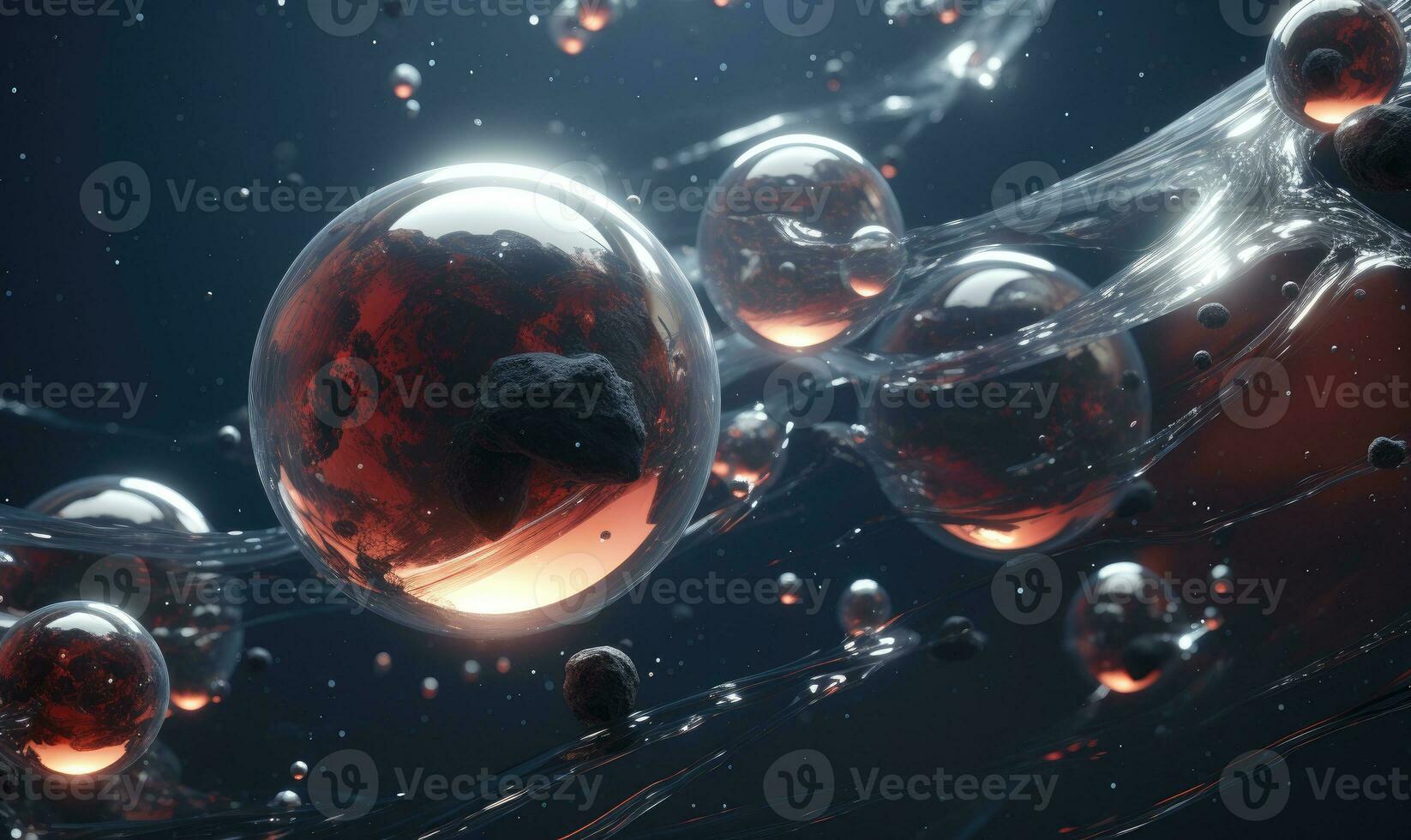floating spheres and bubbles, set against darkness. Created by AI photo
