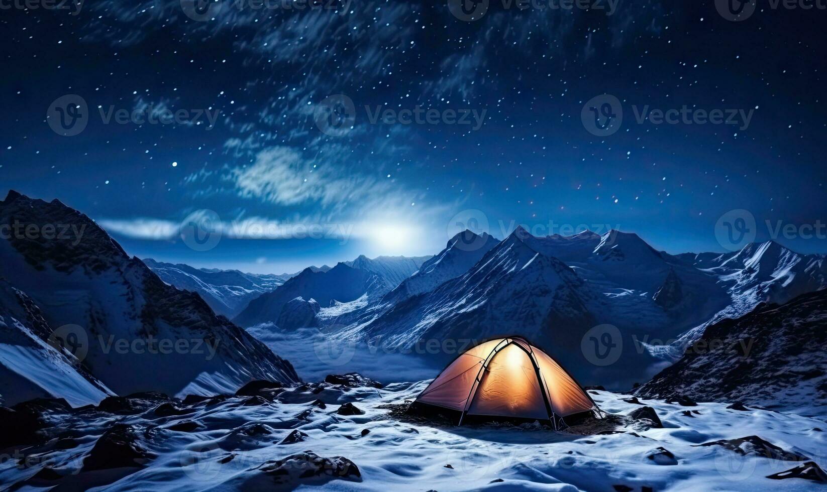Illuminated tent in snowy mountains under a starry sky. A tranquil alpine camping moment capturing nature's vast splendor. Created by AI tools photo
