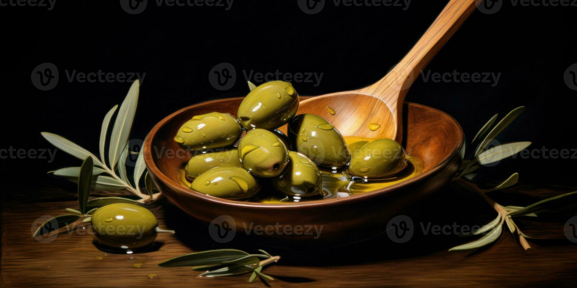 Fresh olives in a spoon with dripping oil. AI Generative photo