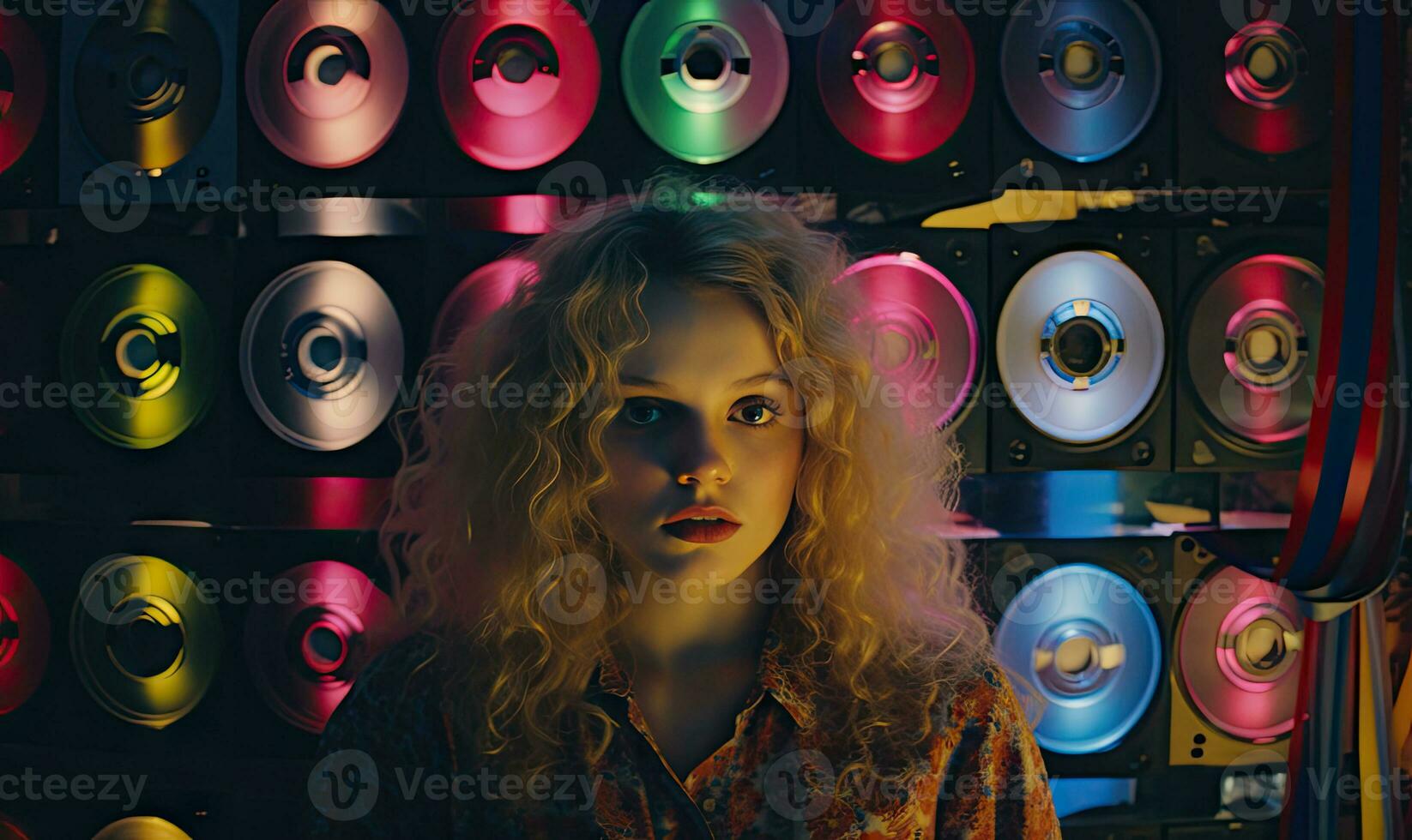 Girl is a movie fan with neon lights and colorful records backdrop. Created by AI photo