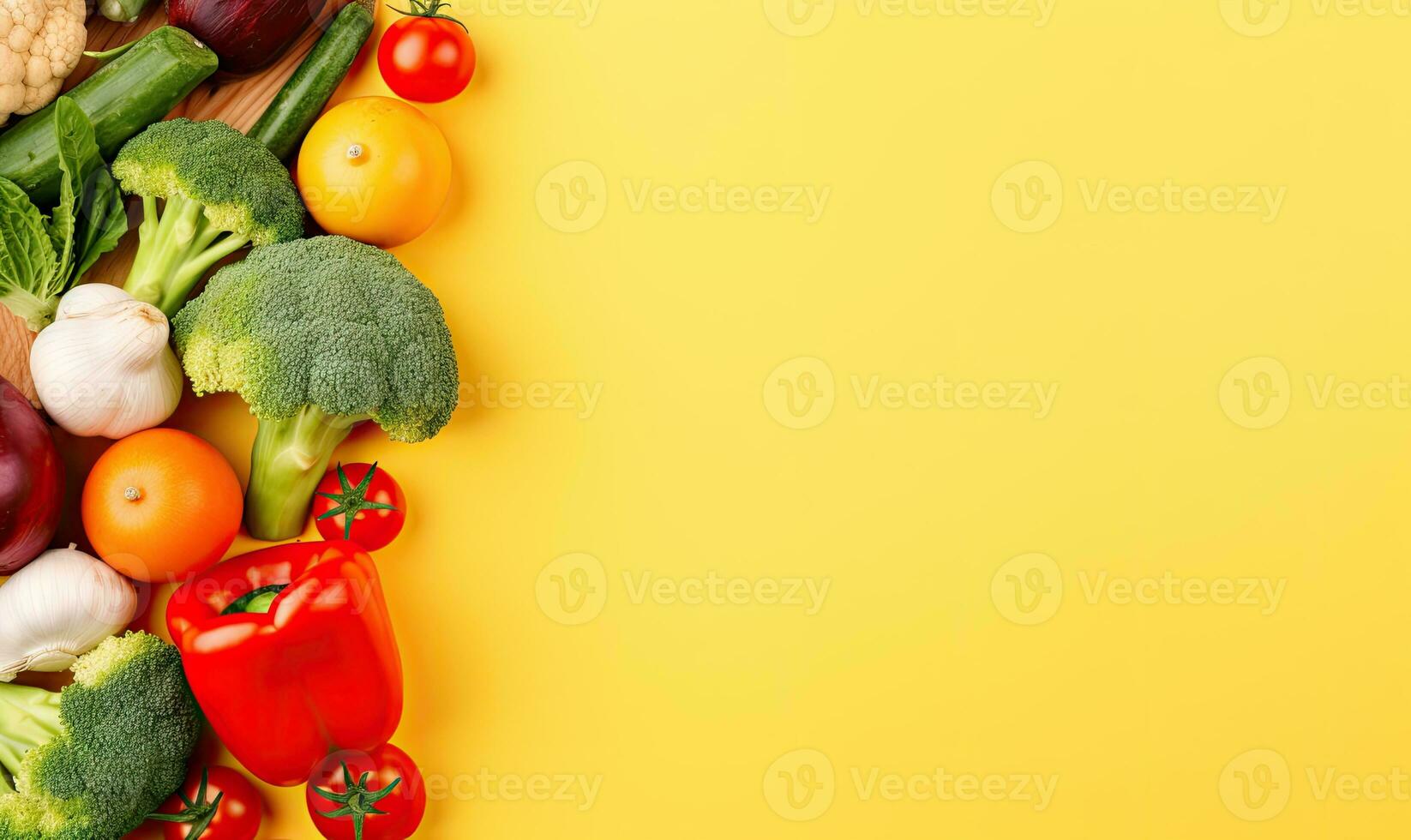 Fresh vegetables on yellow background. AI Generative photo