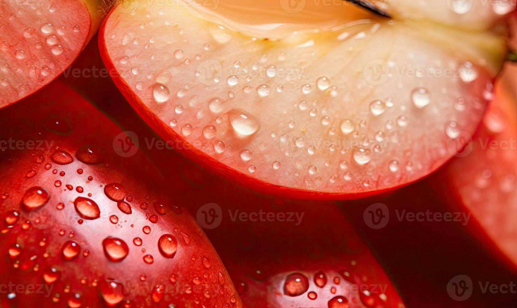 red apples slices. Macro capture of a crisp apple slice water droplets. Nature's freshness. Created by AI tools photo