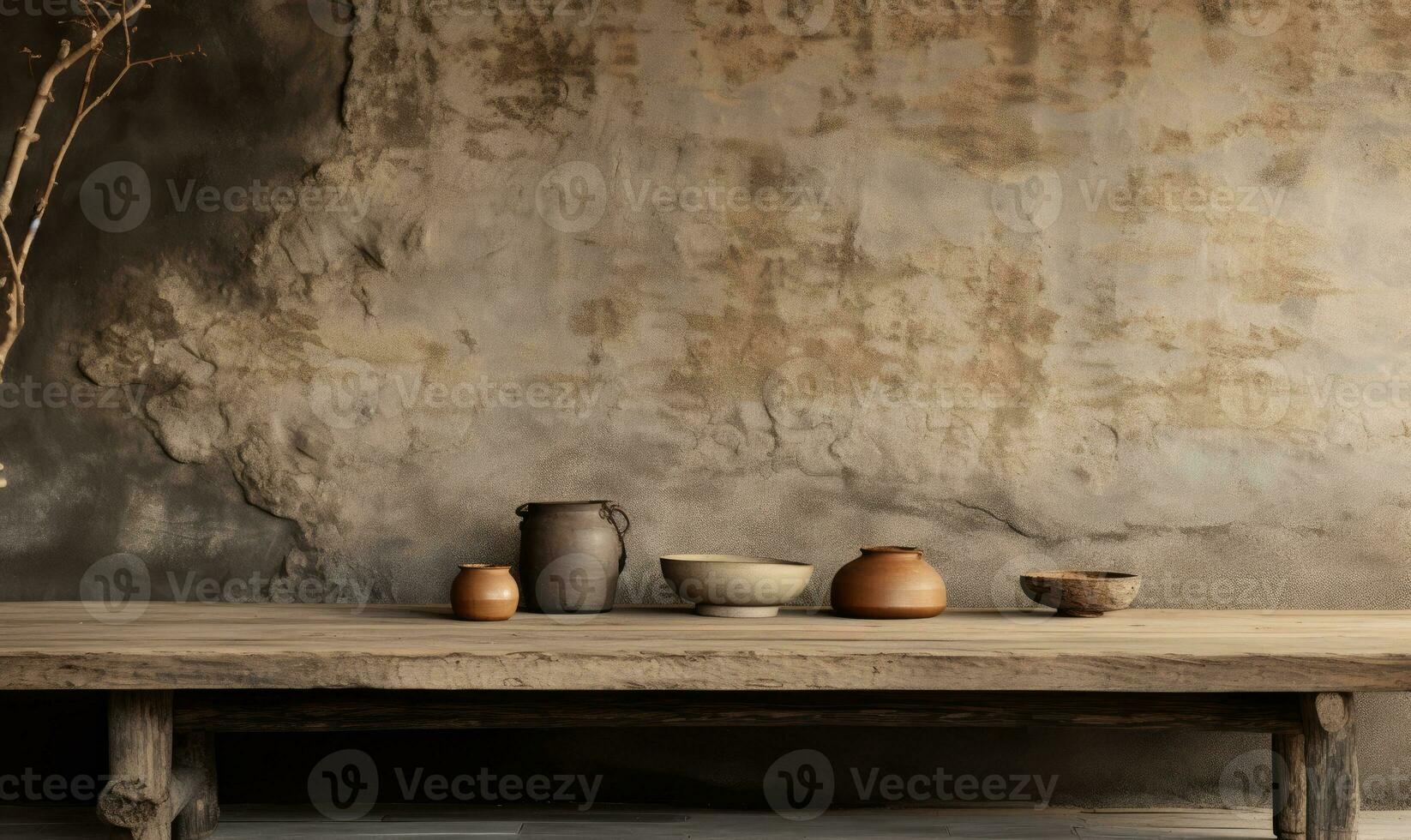 wabi-sabi interior con floreros en un estante y mesa, . creado por ai foto