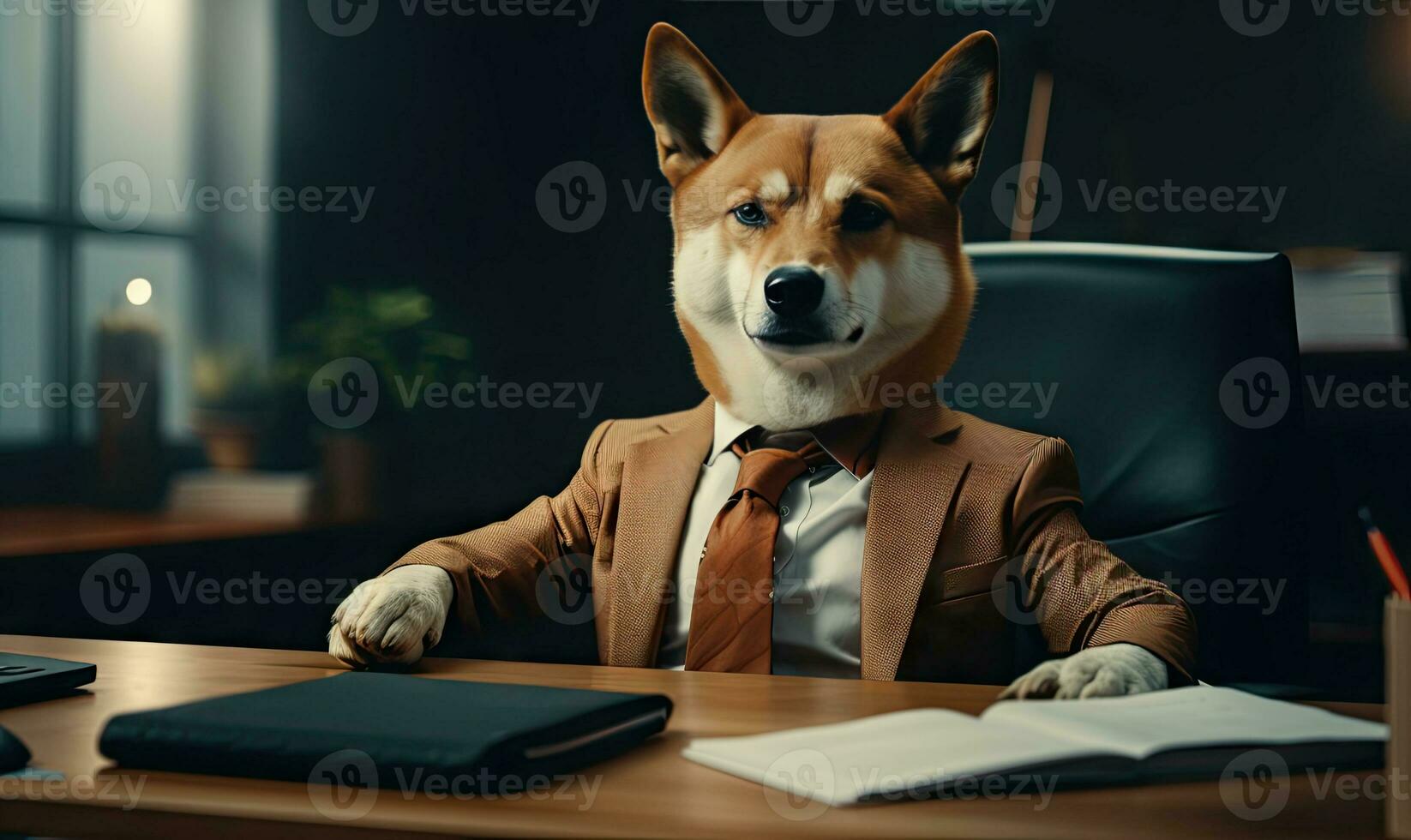 Shiba inu Dog in a businessman suit sits diligently at an office desk, exuding professionalism. Created by AI photo