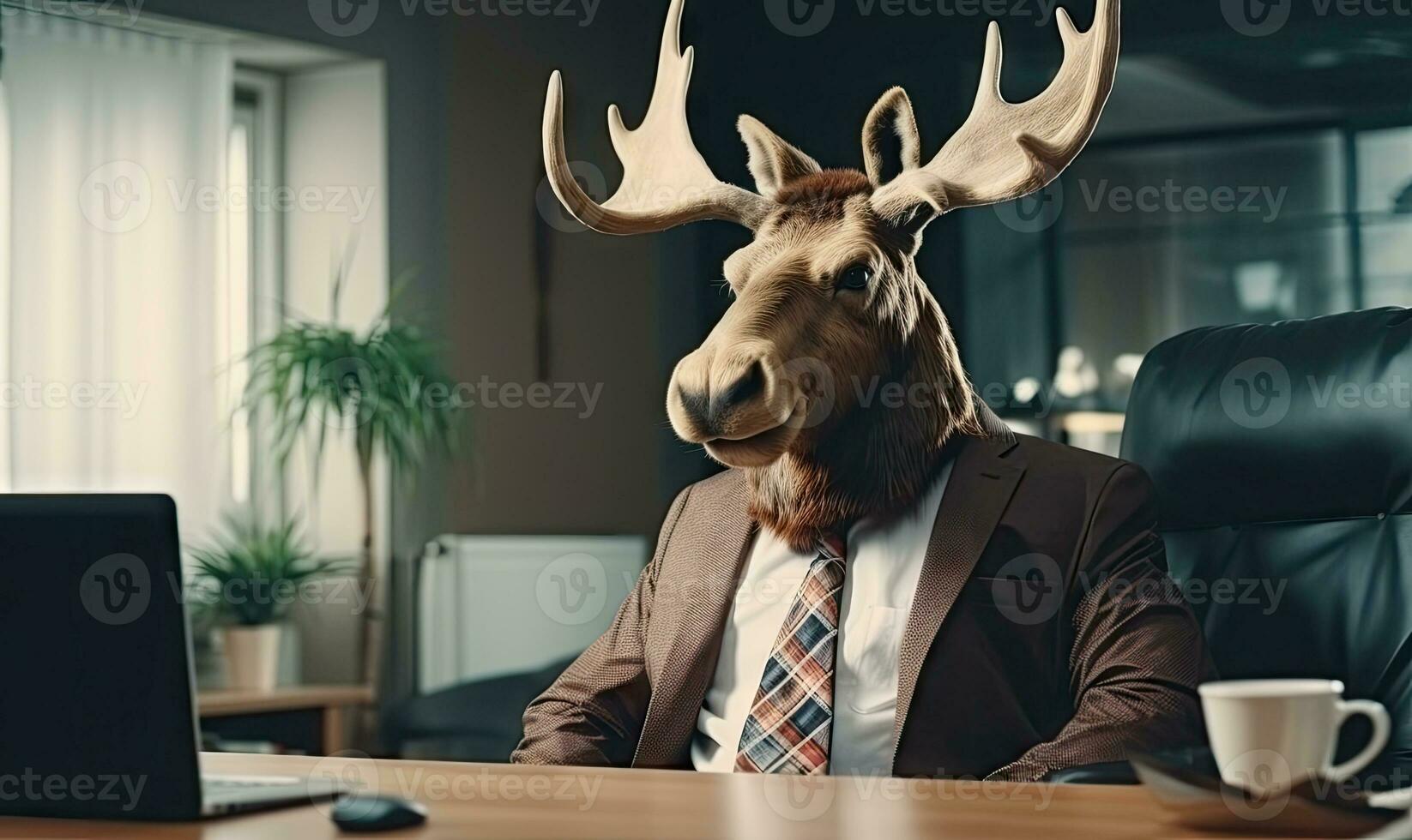In a vibrant office, a man in a moose costume works confidently. Created by AI photo