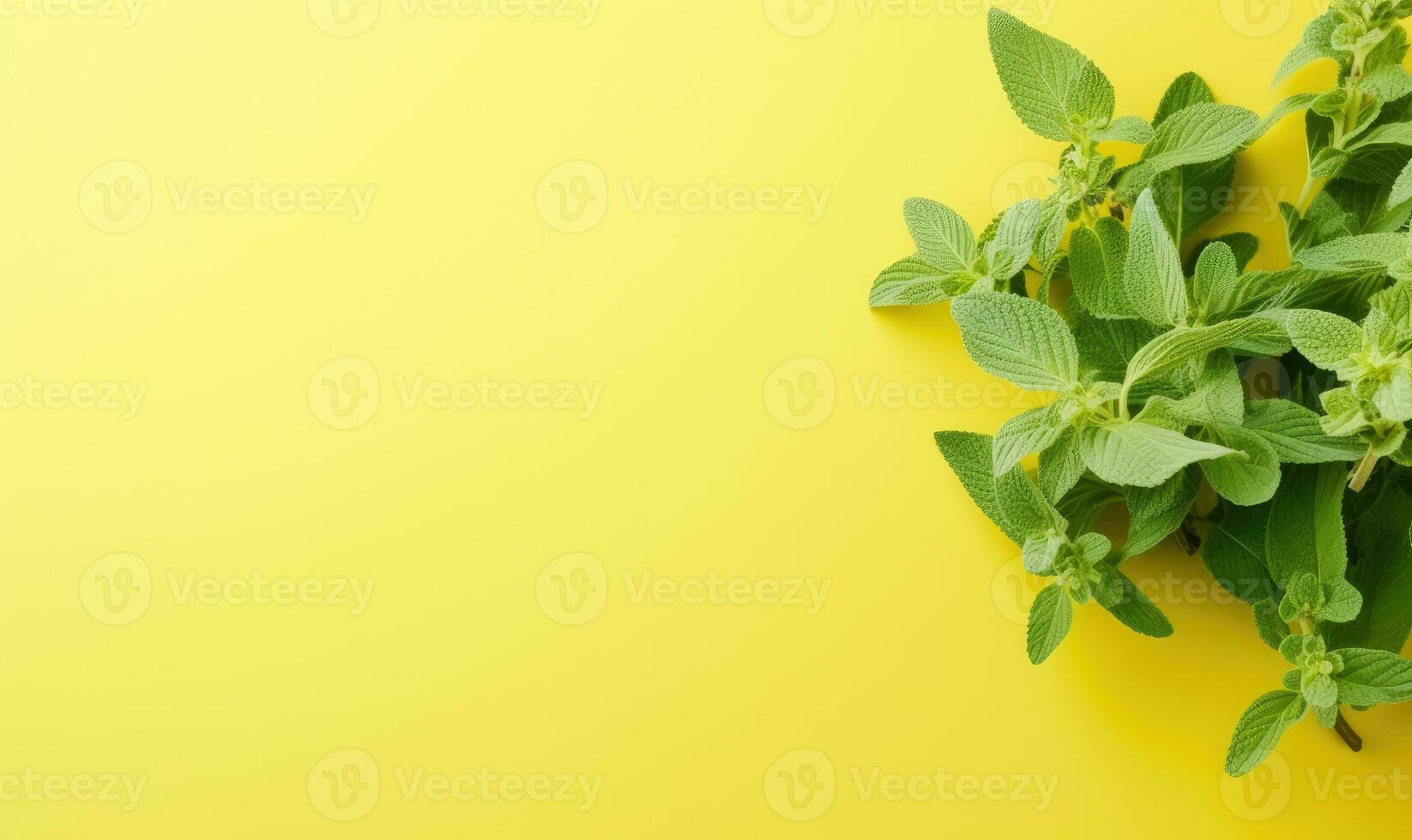 Fresh meadow mint leaves twig on a pastel yellow background. Created by AI photo