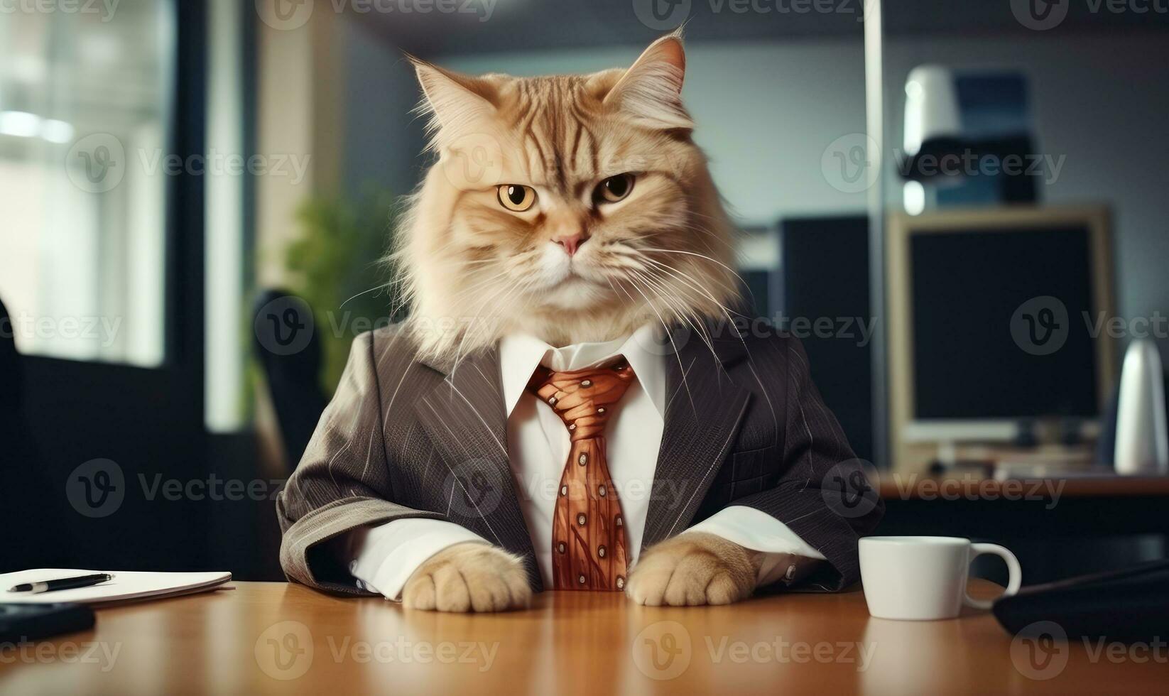 Dapper feline in a stylish suit sits working at an office desk. AI Generative photo