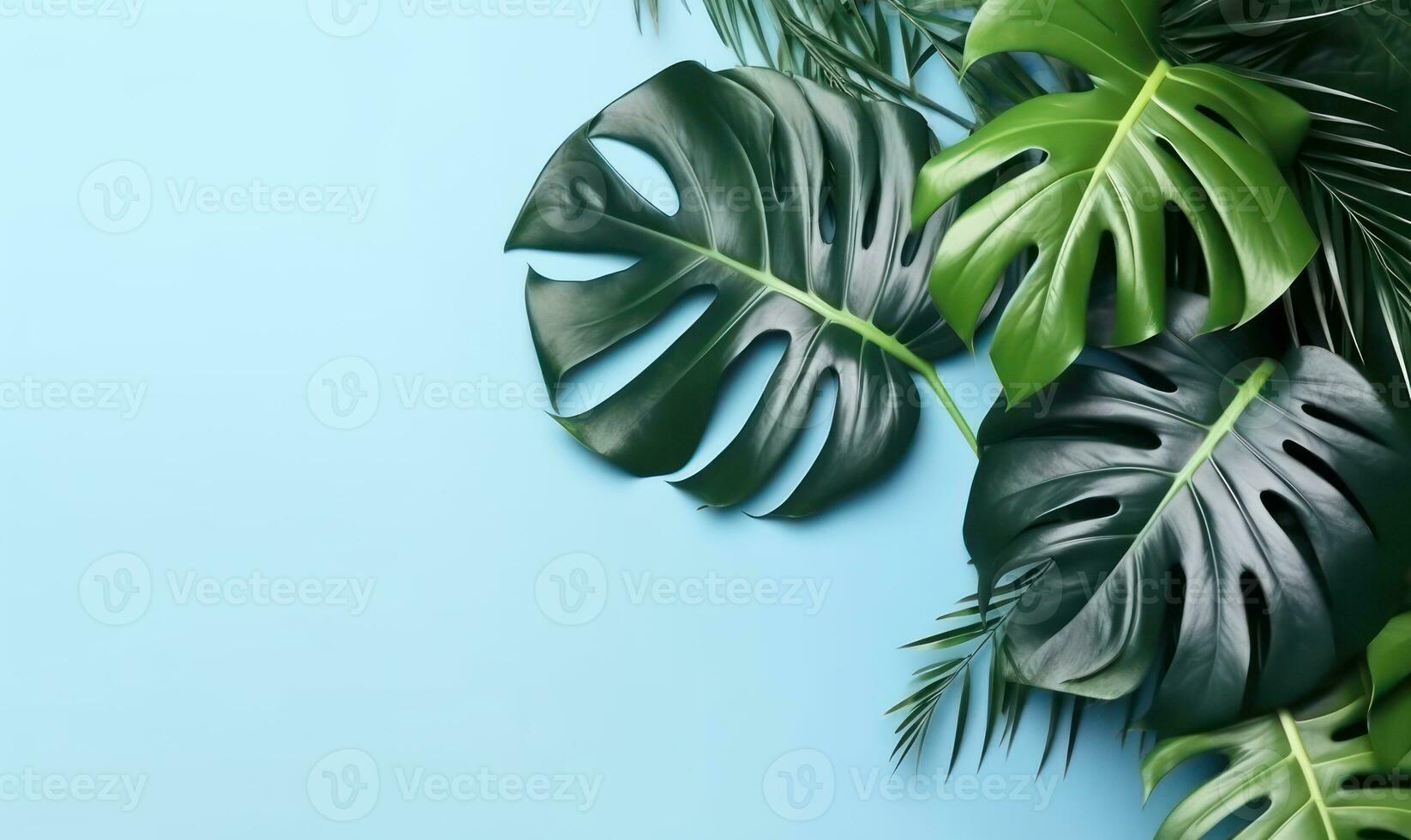 Tropical monstera leaves on a pastel blue background. Created by generative AI photo
