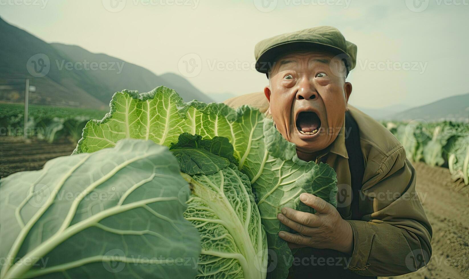 Asian man with a cheeky grin, stealthily taking a cabbage from a lush field. AI Generative photo