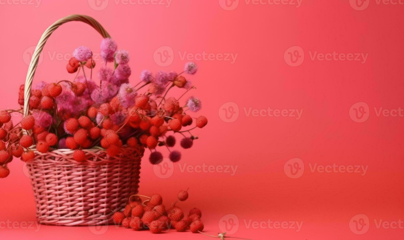Rustic wicker basket filled with a mix of red and white blooms. Created by AI photo