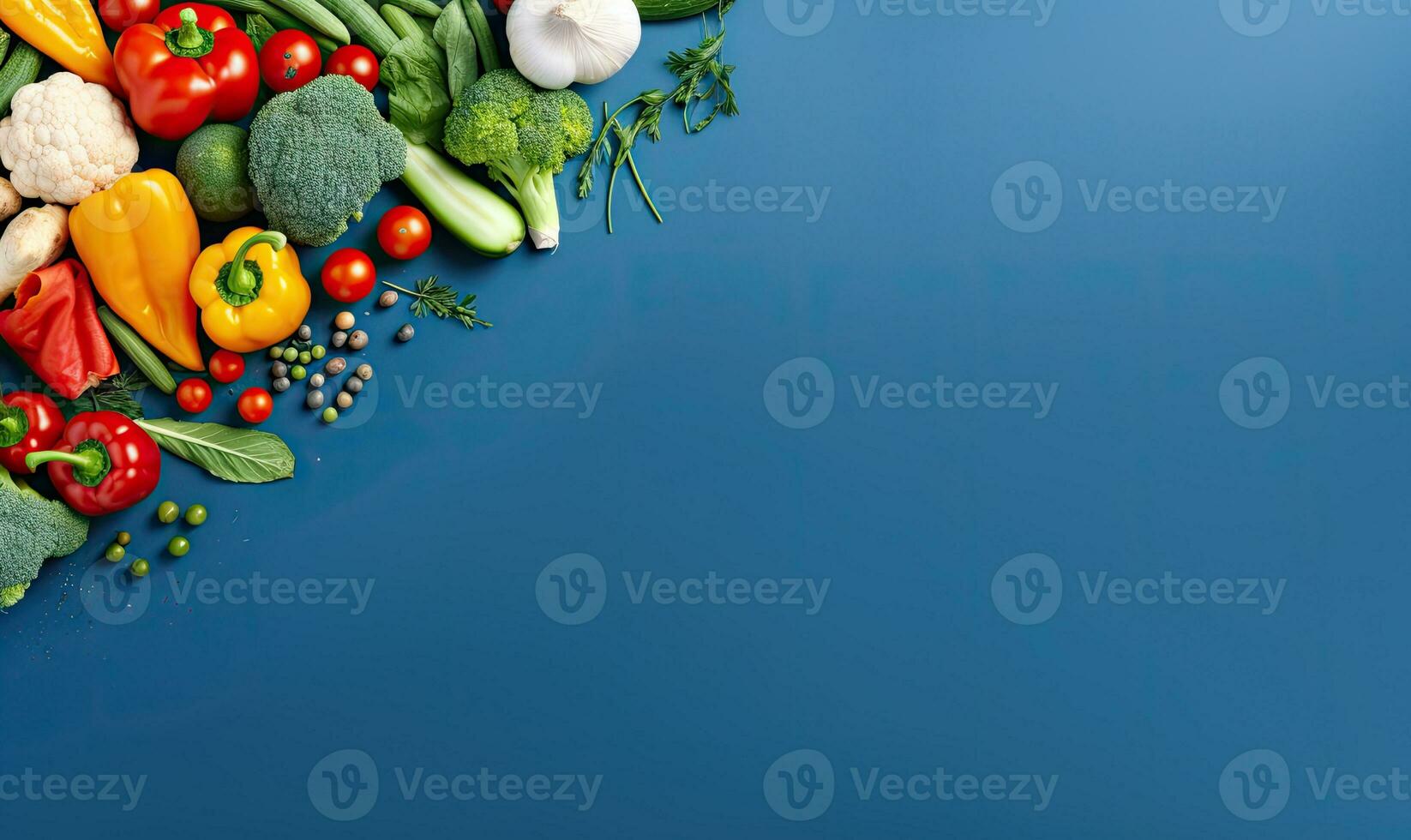 Top view vegetables on deep blue background. Vegetarian organic food banner. Created by AI tools photo