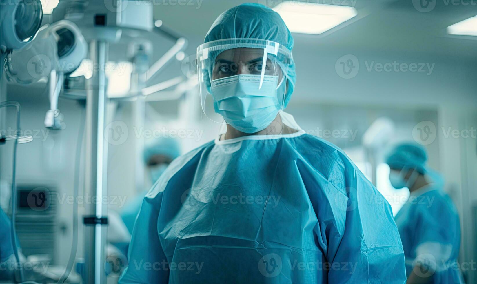 Focused female surgeon in scrubs and mask. Created by AI photo