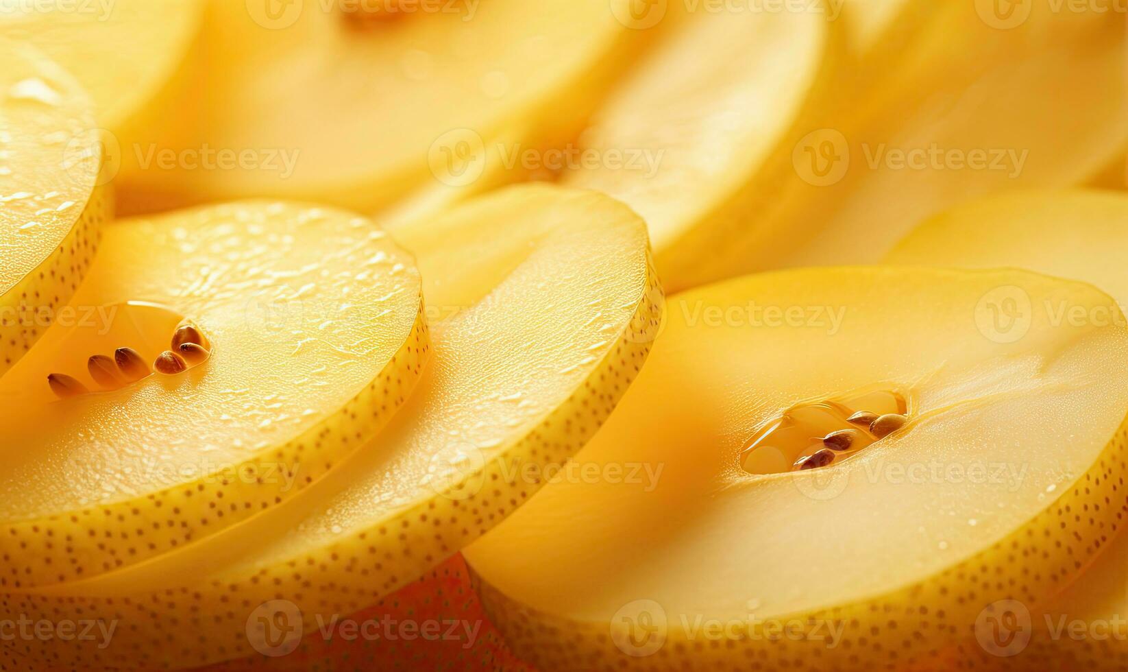 Close-up of vibrant yellow pear slices. Created by AI photo